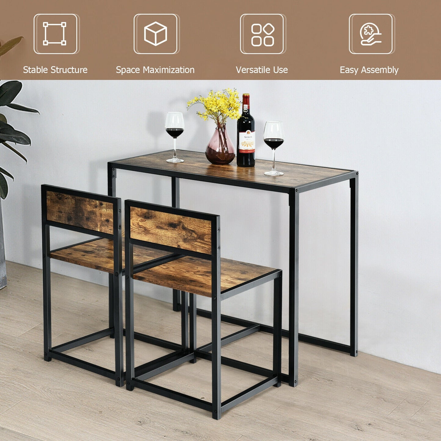3-Piece Compact Dining Set with Metal Frame for Small Spaces