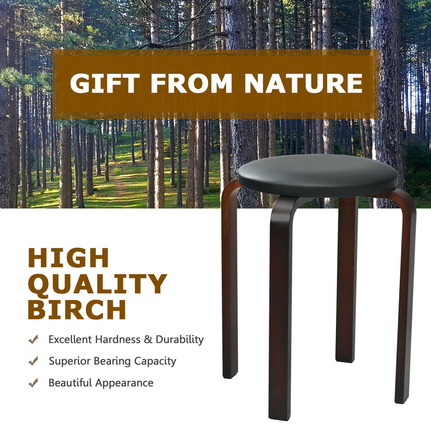 Stackable Bentwood Dining Stools with Padded Seat, Set of 4