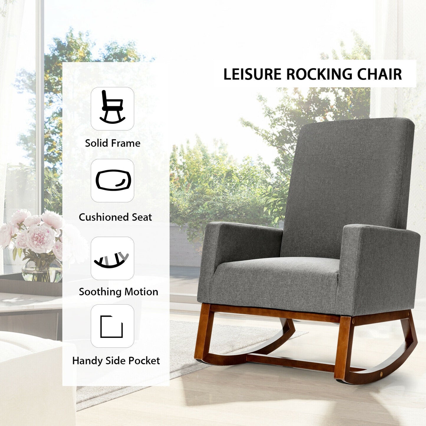 Upholstered Rocking Chair with Side Pocket and High Back