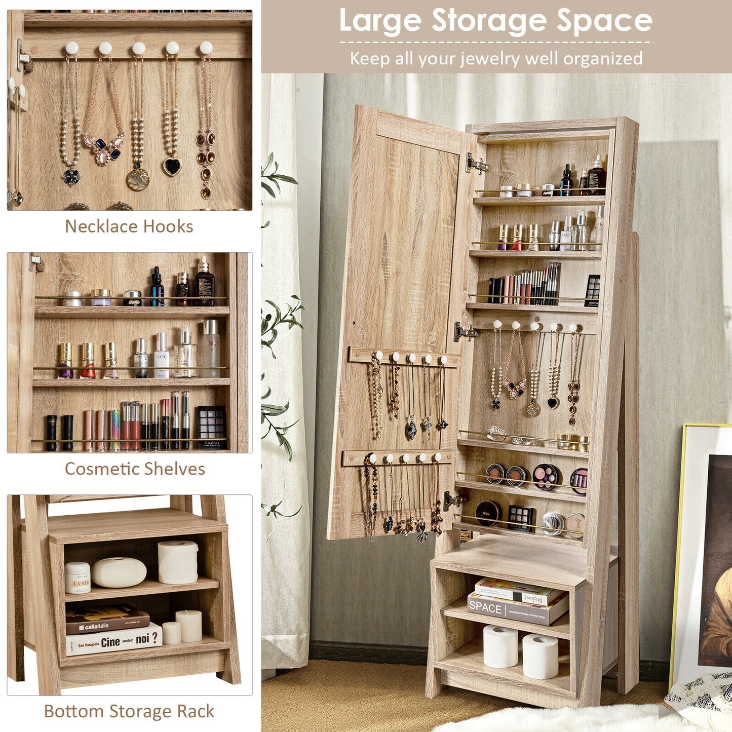 Jewelry Armoire with Full-Length Mirror and Storage Cabinet