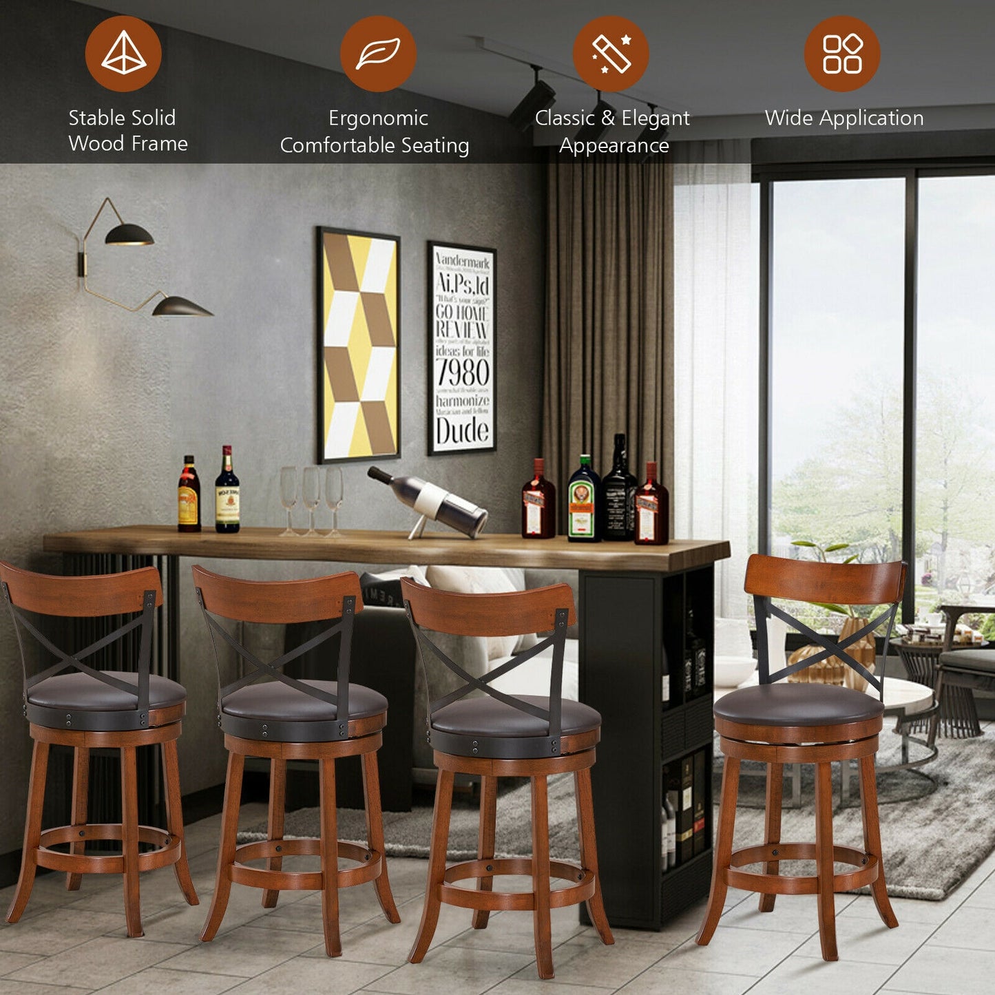 Swivel Bar Stools Set of 2 with Rubber Wood Legs - 360° Rotation