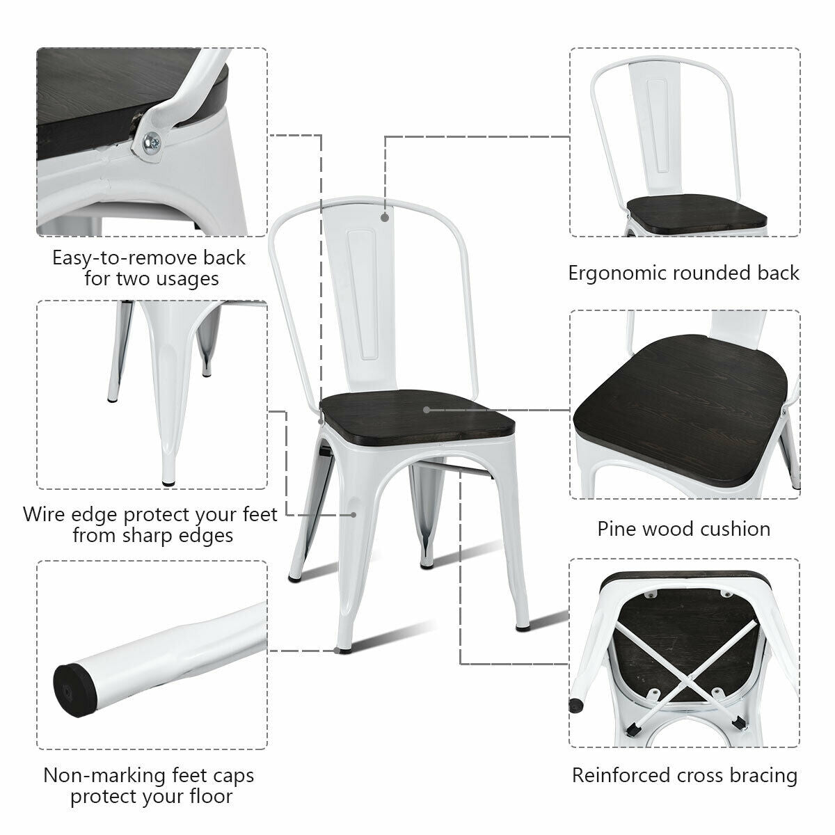 Metal Dining Chairs with Wood Seat - Set of 4, Stackable
