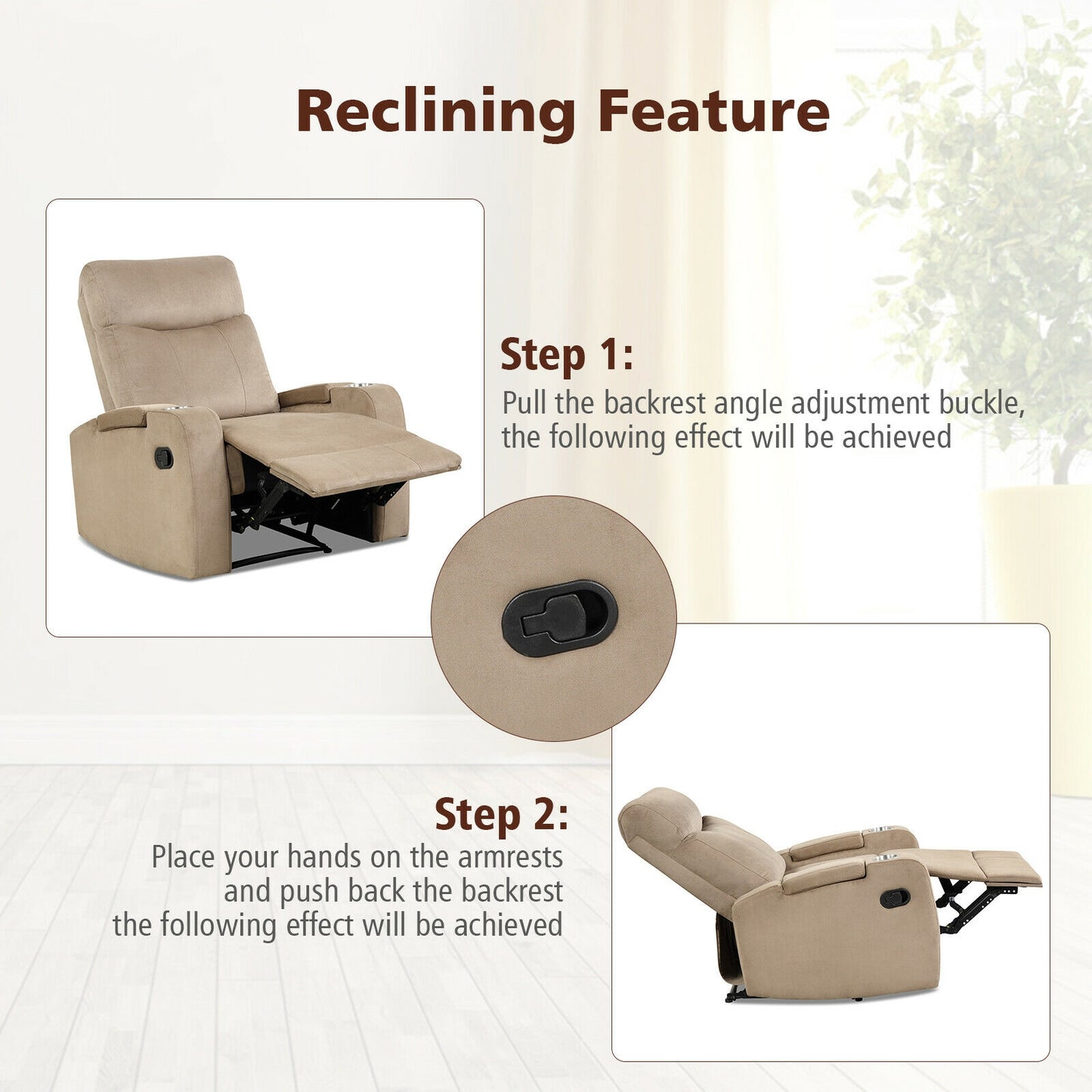 Recliner Chair with Storage Armrests and Cup Holders