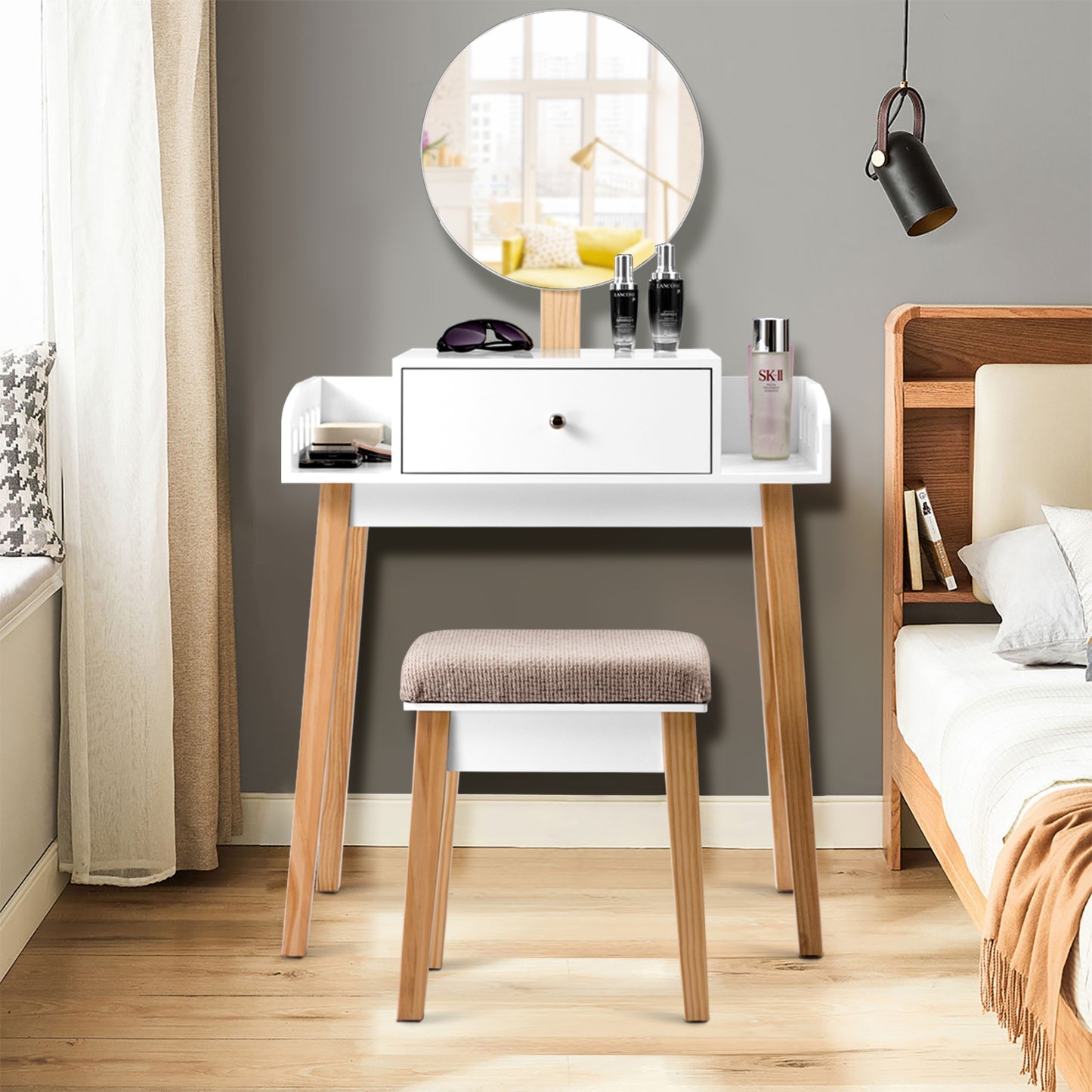 Makeup Vanity Table Set with Round Mirror and Cushioned Stool