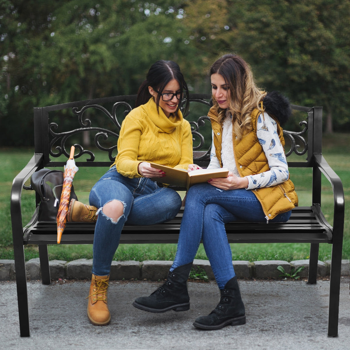 50-Inch Steel Frame Patio Bench with Cast Iron Backrest