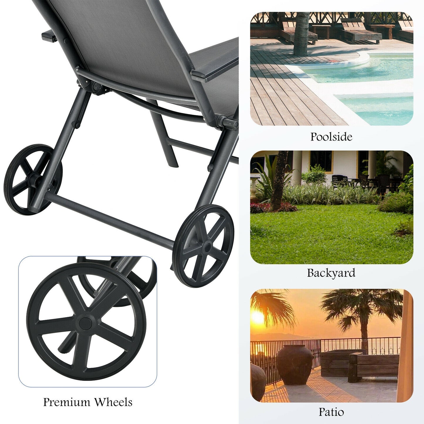 Adjustable Patio Lounge Chair with Wheels and Neck Pillow