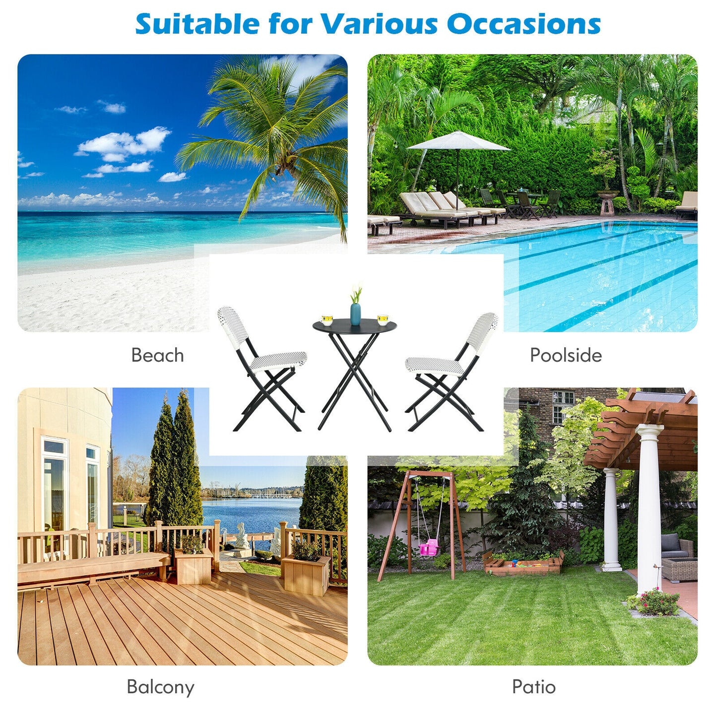 3-Piece Patio Bistro Set with Folding Table and Chairs