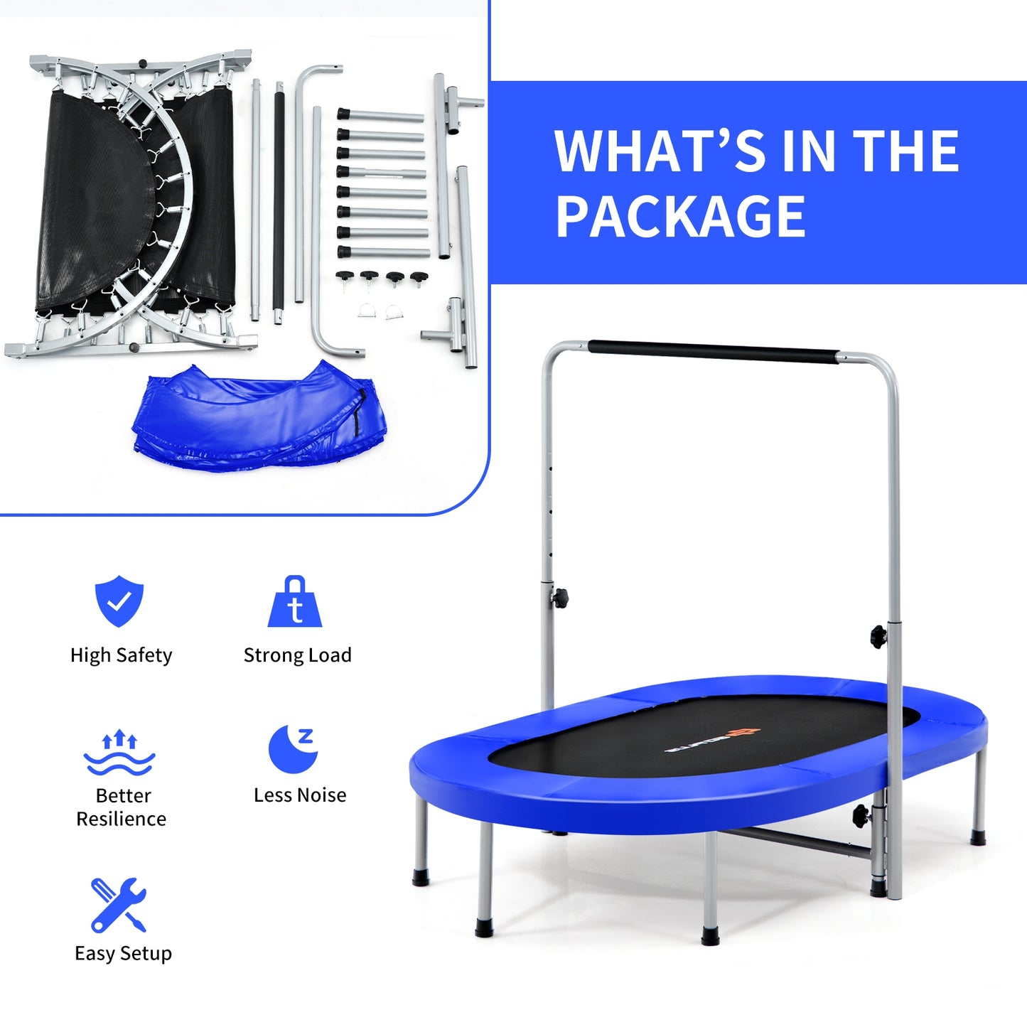 2-Person Foldable Fitness Trampoline with Adjustable Handle
