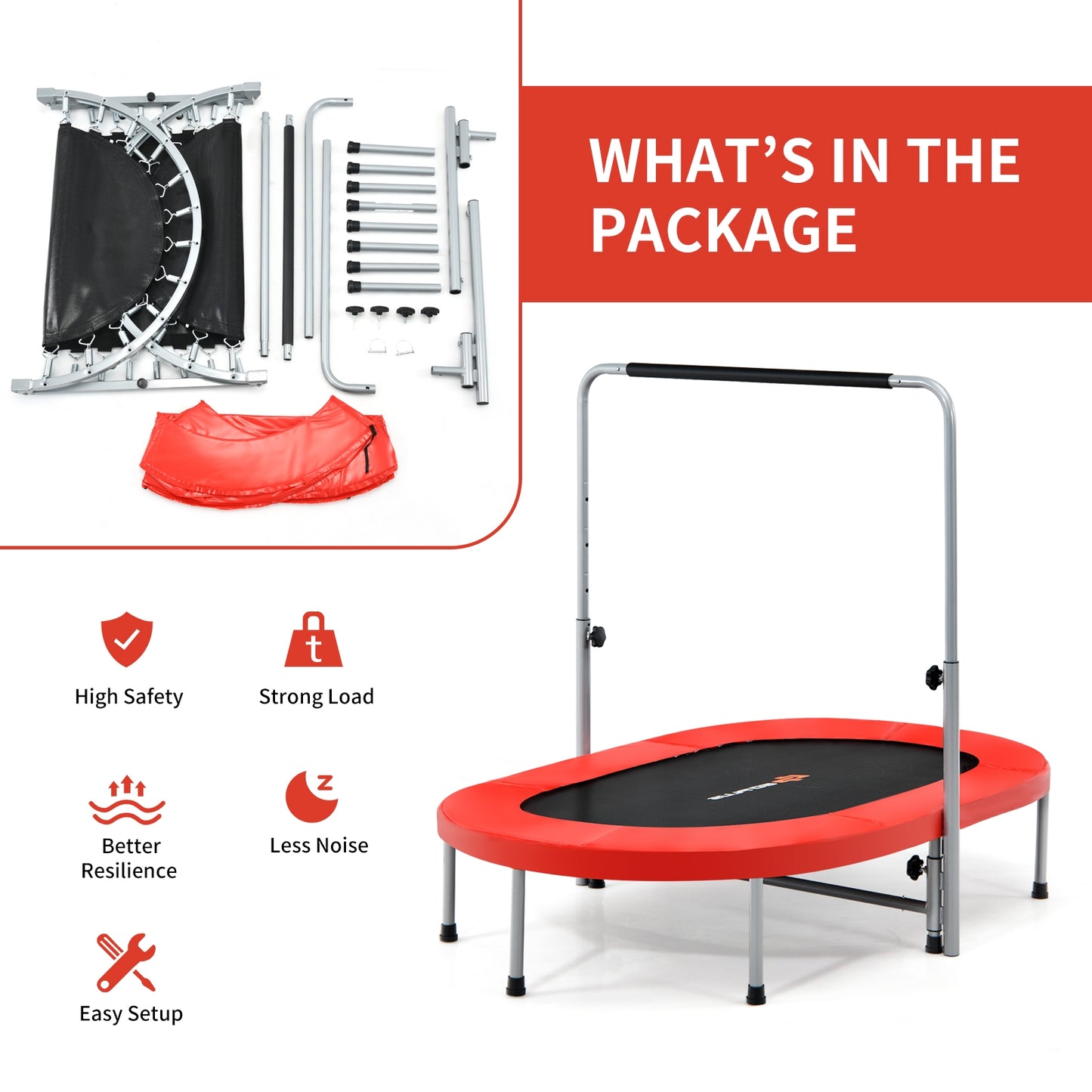 2-Person Foldable Fitness Trampoline with Adjustable Handle