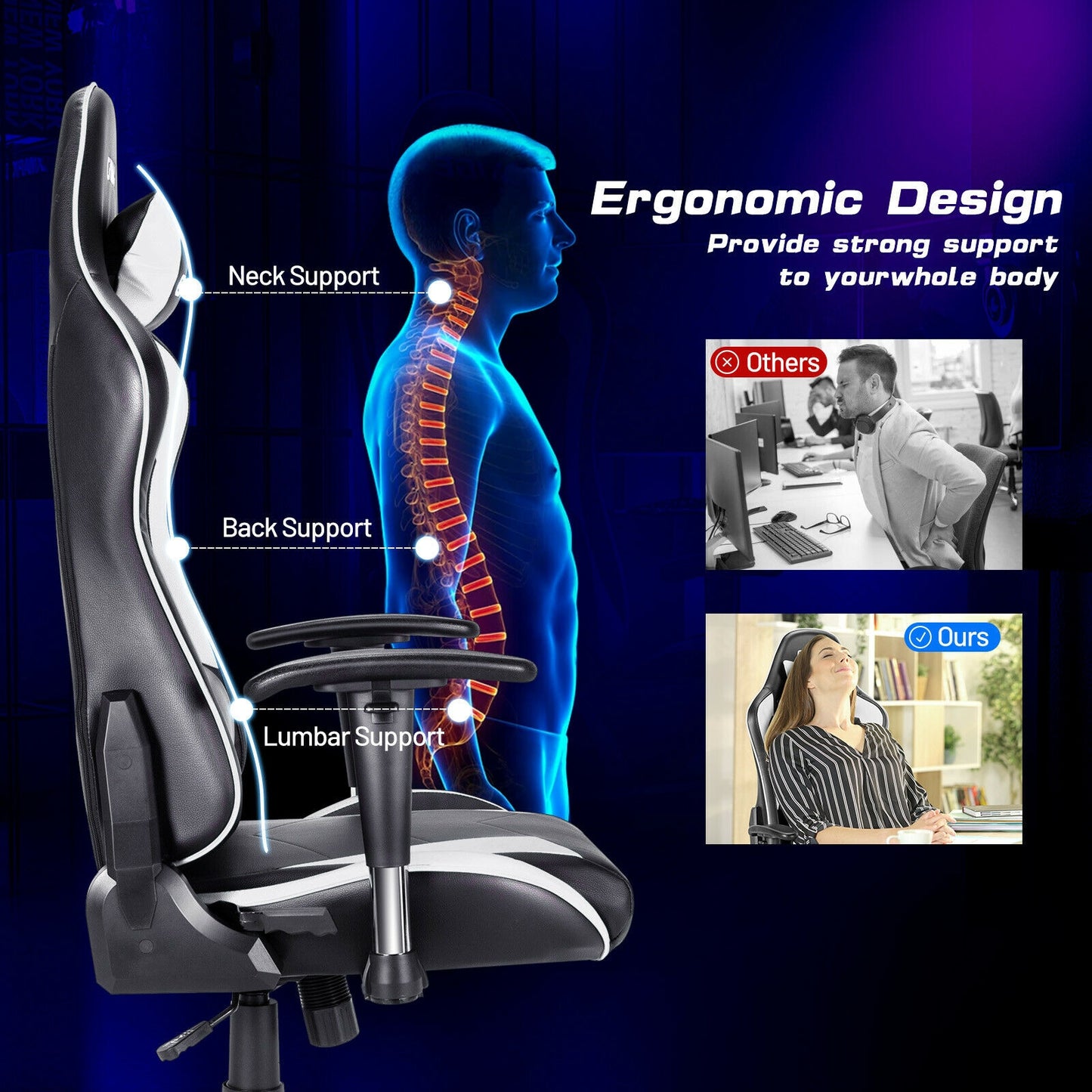 Gaming Chair Adjustable Swivel Racing Style with Lumbar Support