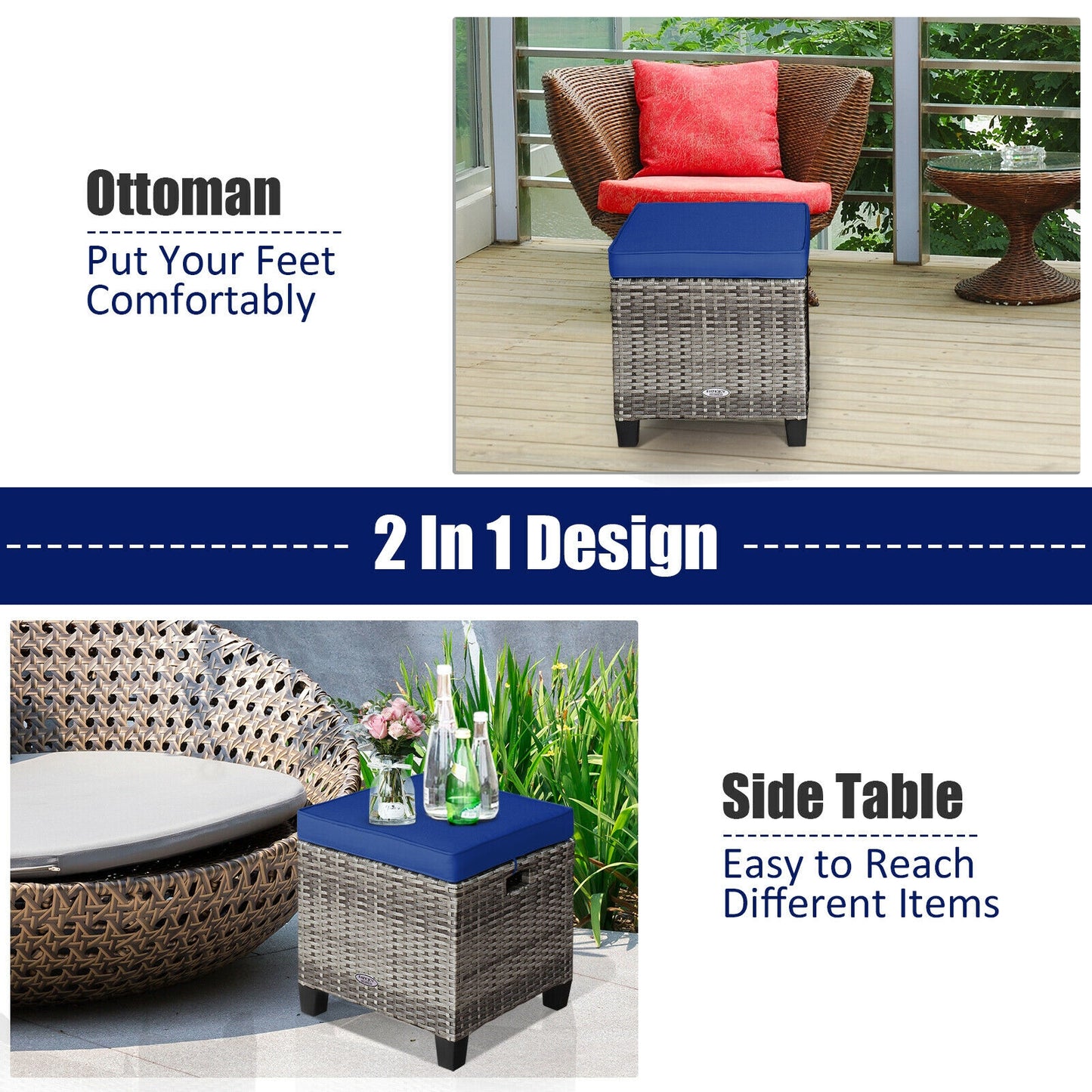 Patio Rattan Ottoman Set with Removable Cushions (2-Piece)