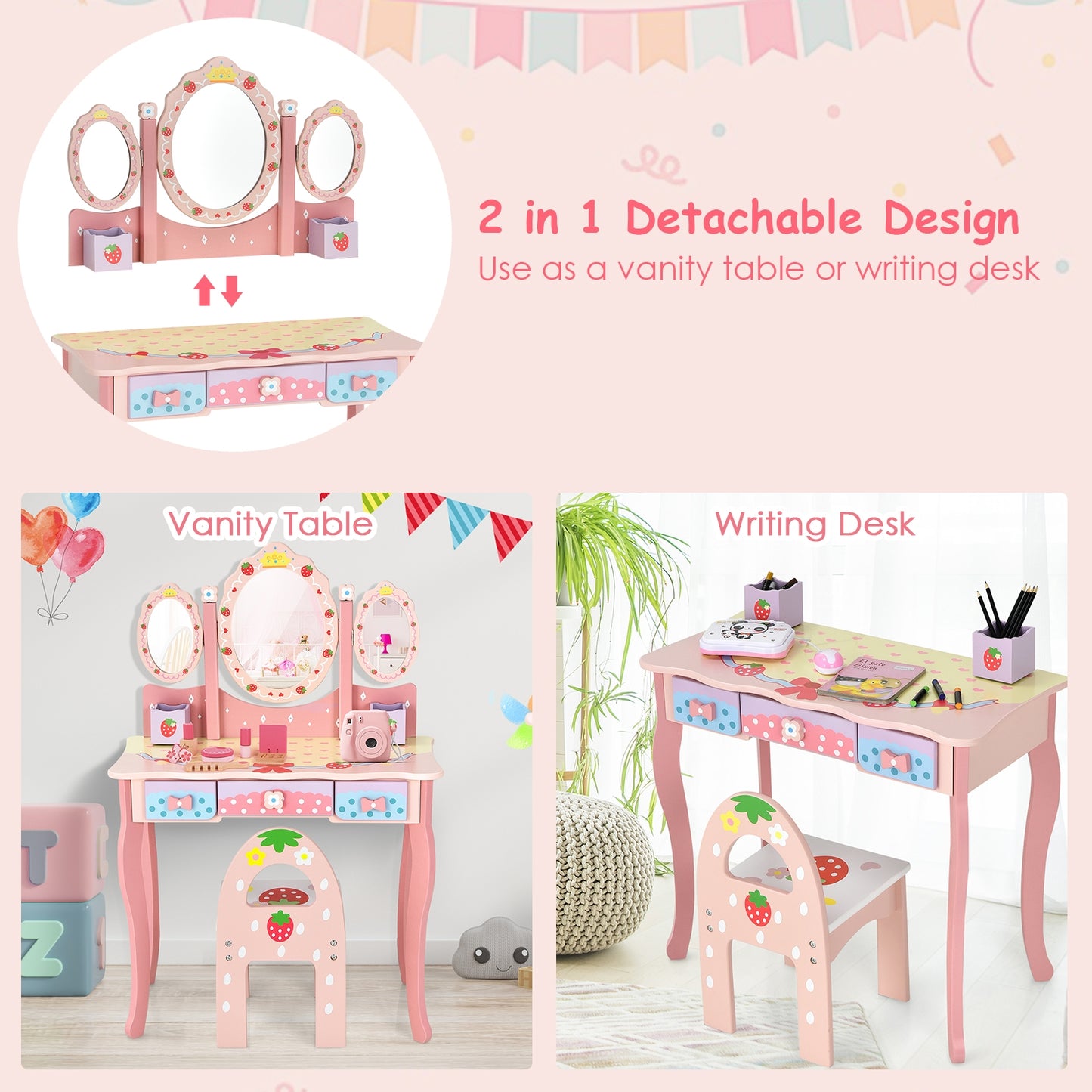 Kids Vanity Table Set with Tri-Fold Mirror and Chair