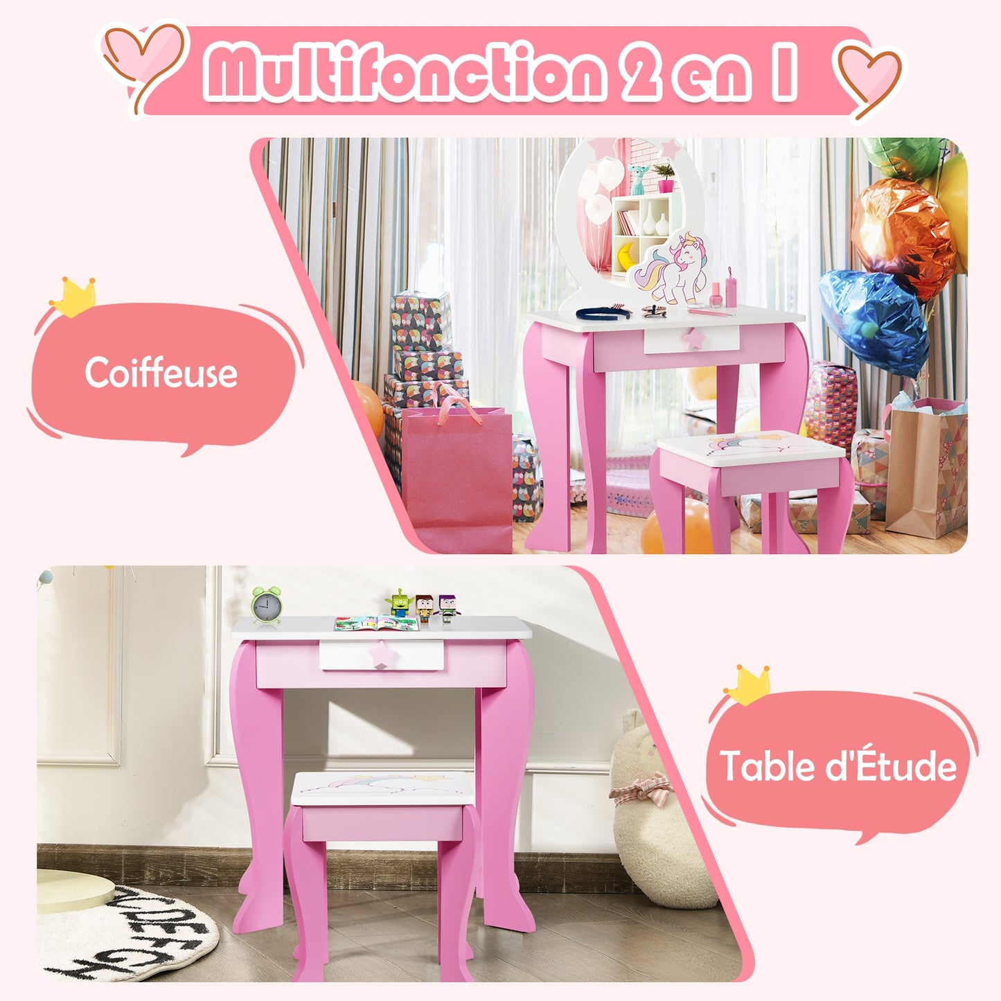 Kids Wooden Vanity Table and Chair Set with Mirror and Drawer