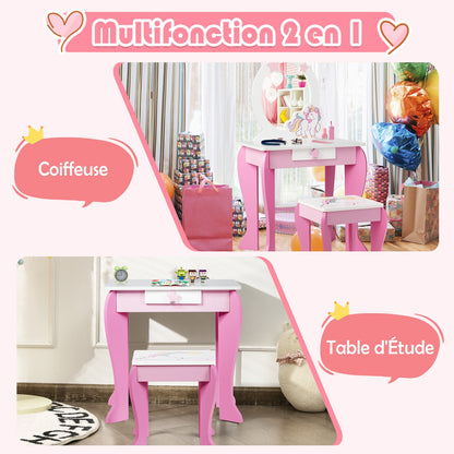 Kids Wooden Vanity Table and Chair Set with Mirror and Drawer