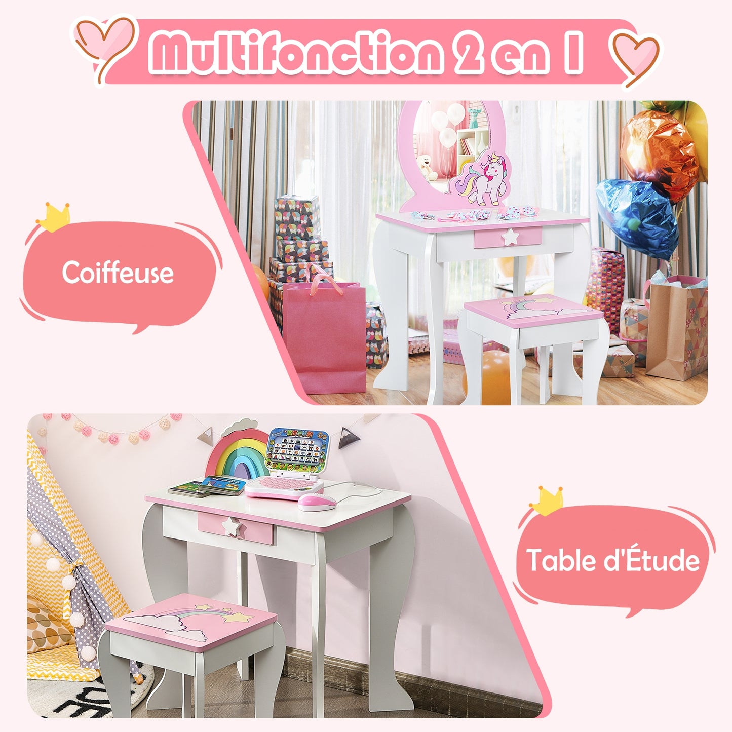 Kids Wooden Vanity Table and Chair Set with Mirror and Drawer