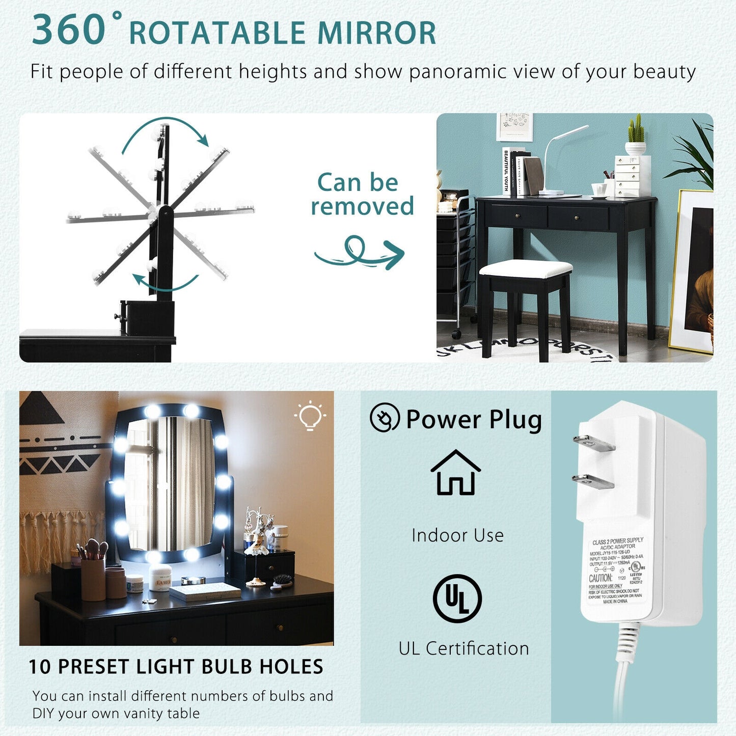Lighted Vanity Table Set with Mirror and Stool