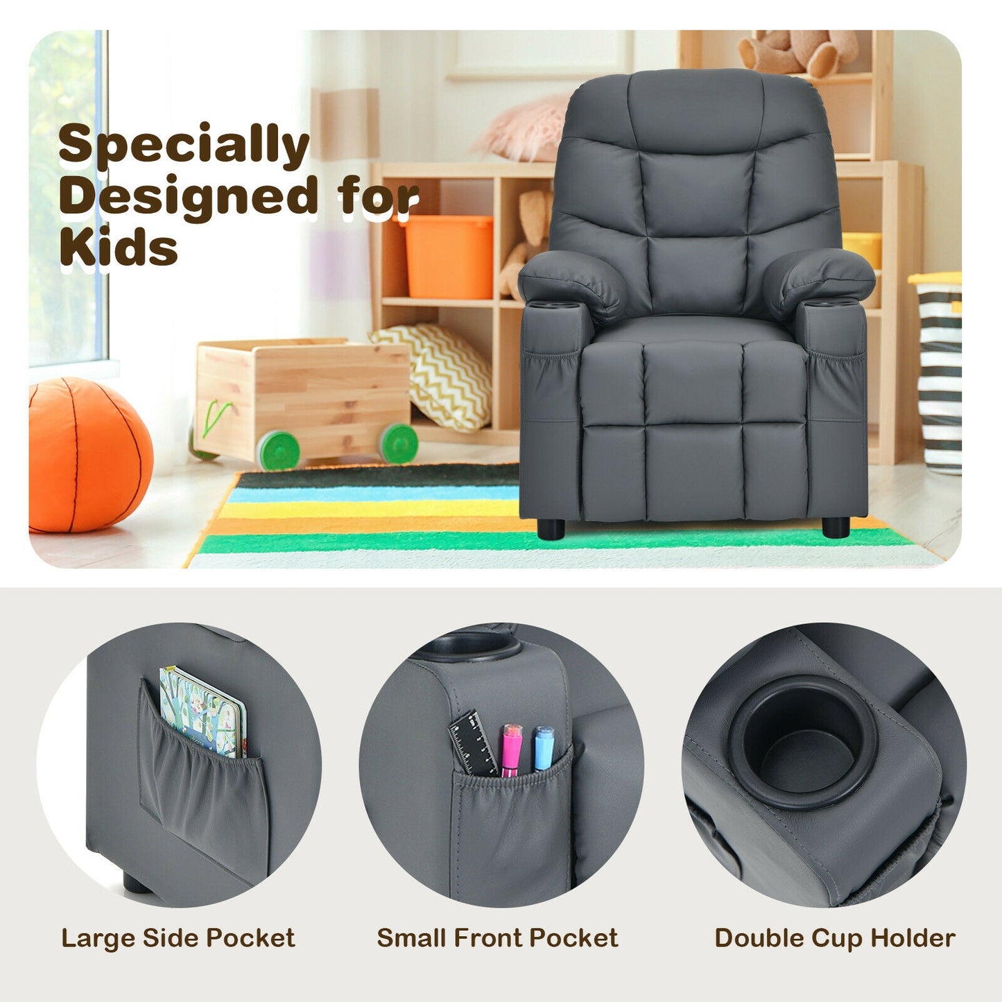 Kids Recliner Chair with Cup Holder and Footrest