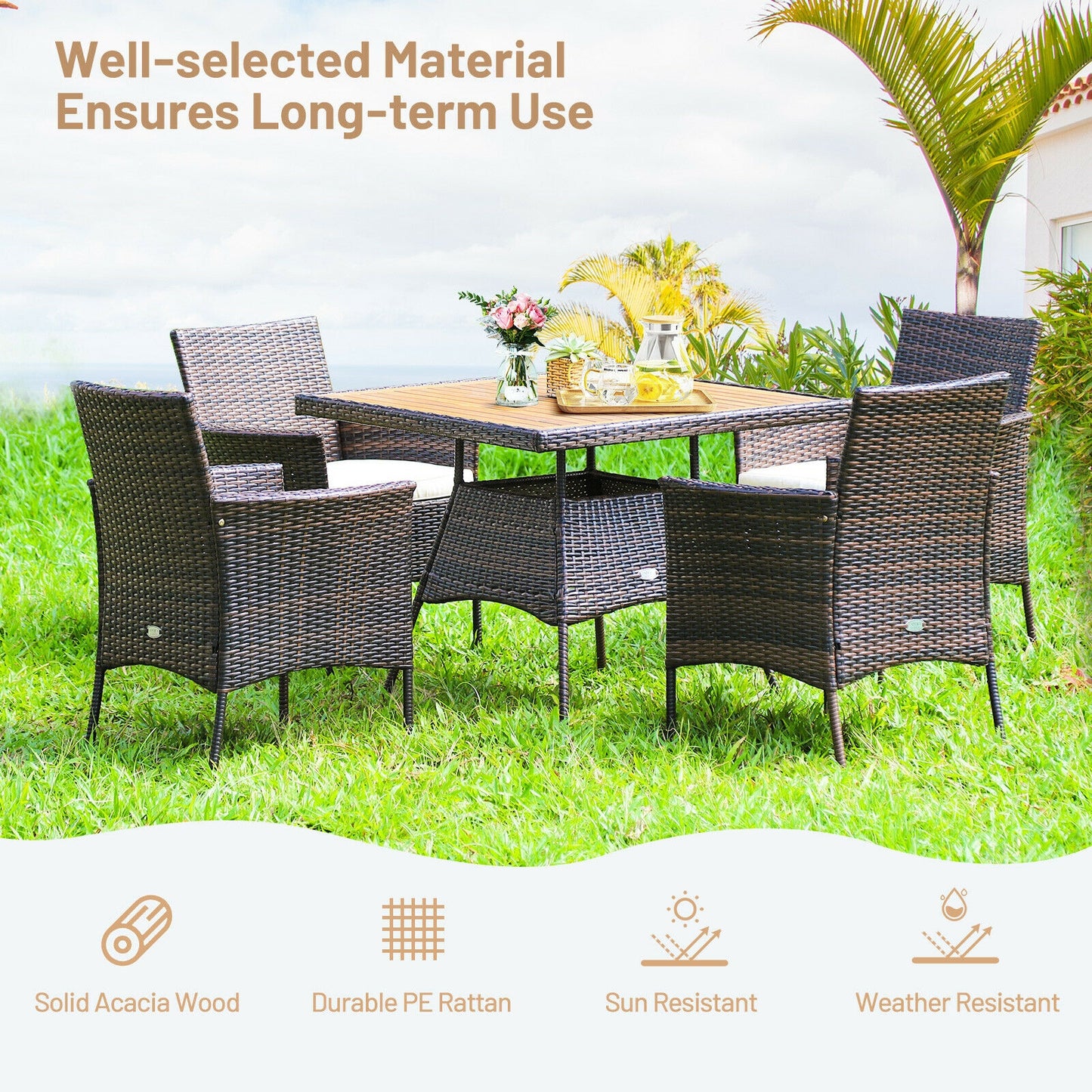 5-Piece Patio Dining Set with Rattan Chairs & Wood Table