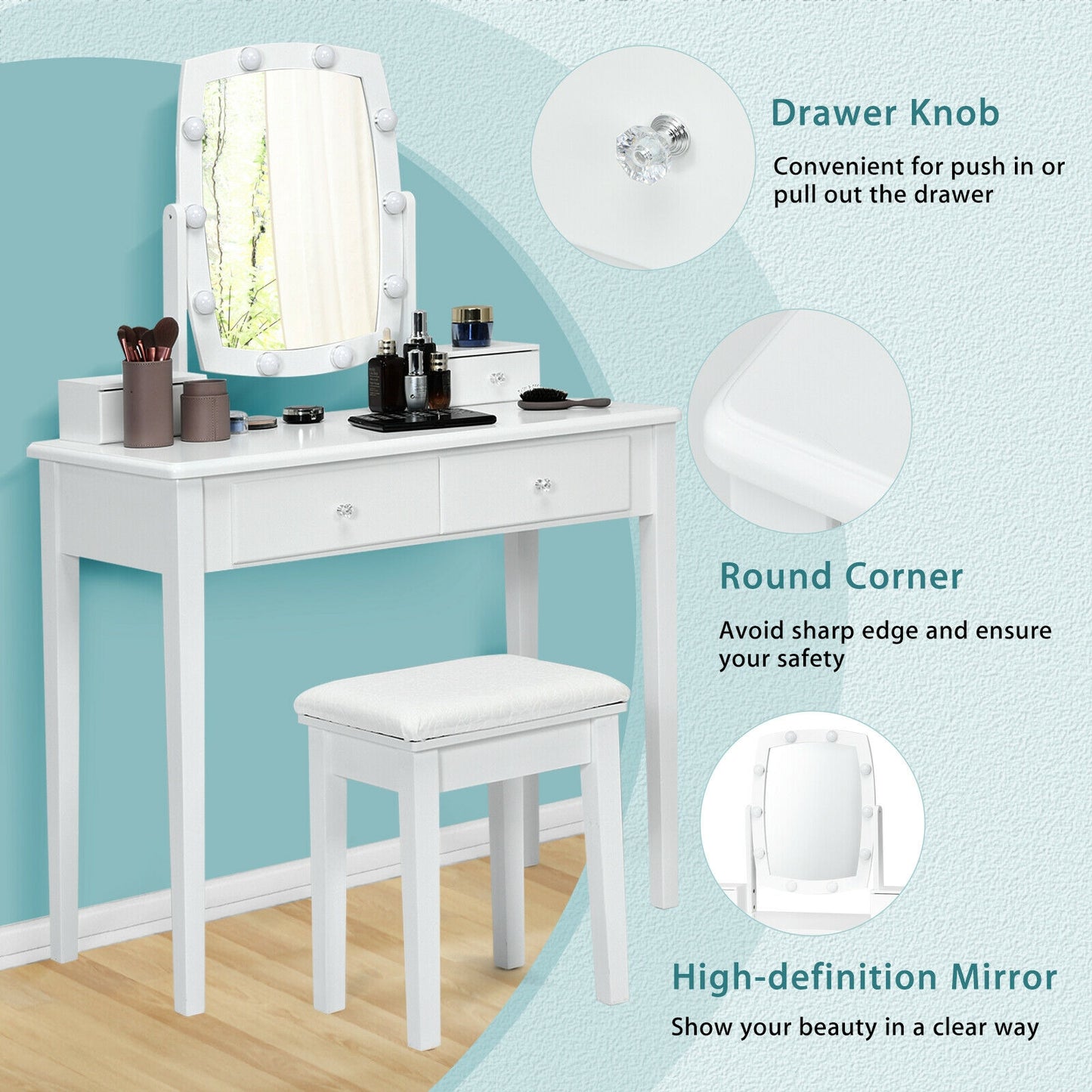Lighted Vanity Table Set with Mirror and Stool
