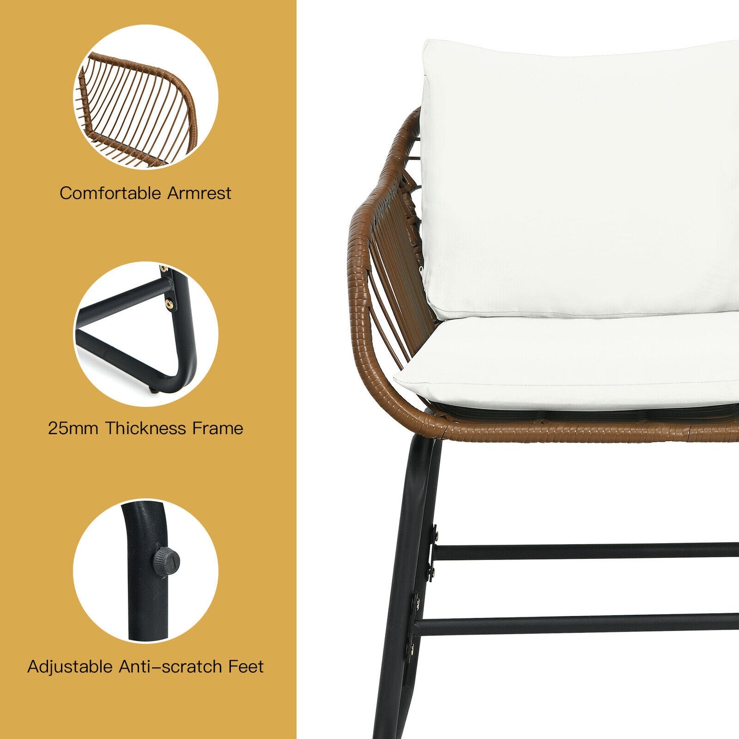 3-Piece Rattan Bistro Set with Cushioned Chairs & Glass Table