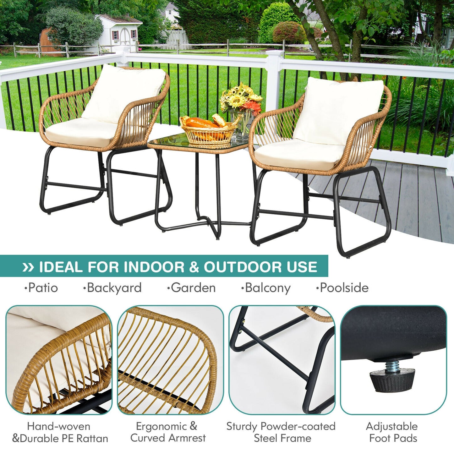 3-Piece Patio Bistro Set with Rattan Chairs & Glass Table