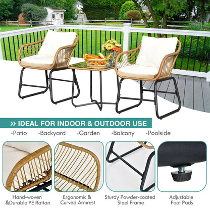 3-Piece Patio Bistro Set with Rattan Chairs & Glass Table