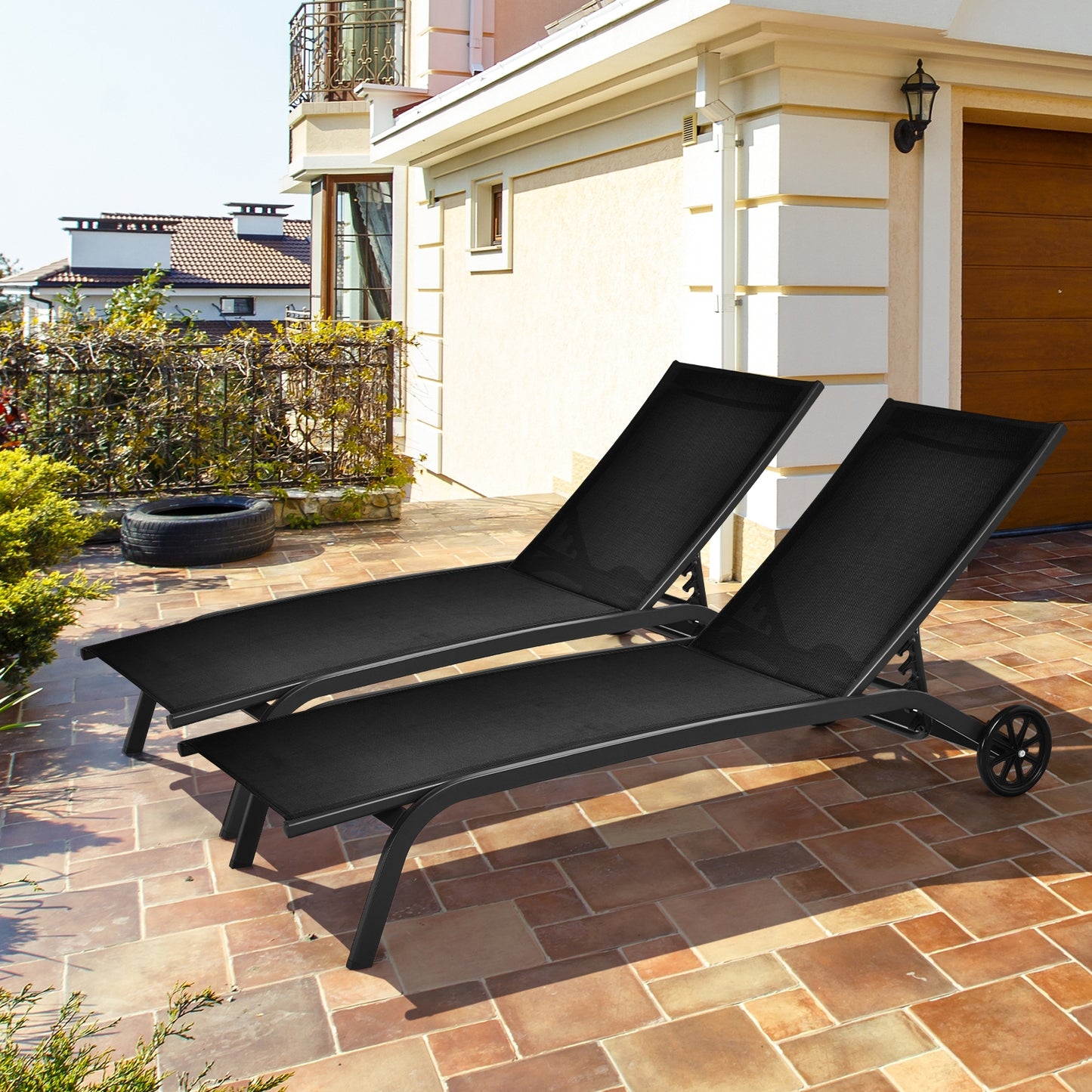 Adjustable Outdoor Chaise Lounge with Wheels - 6 Positions