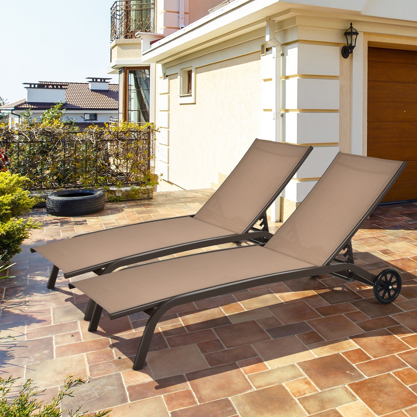 Adjustable Outdoor Chaise Lounge with Wheels - 6 Positions