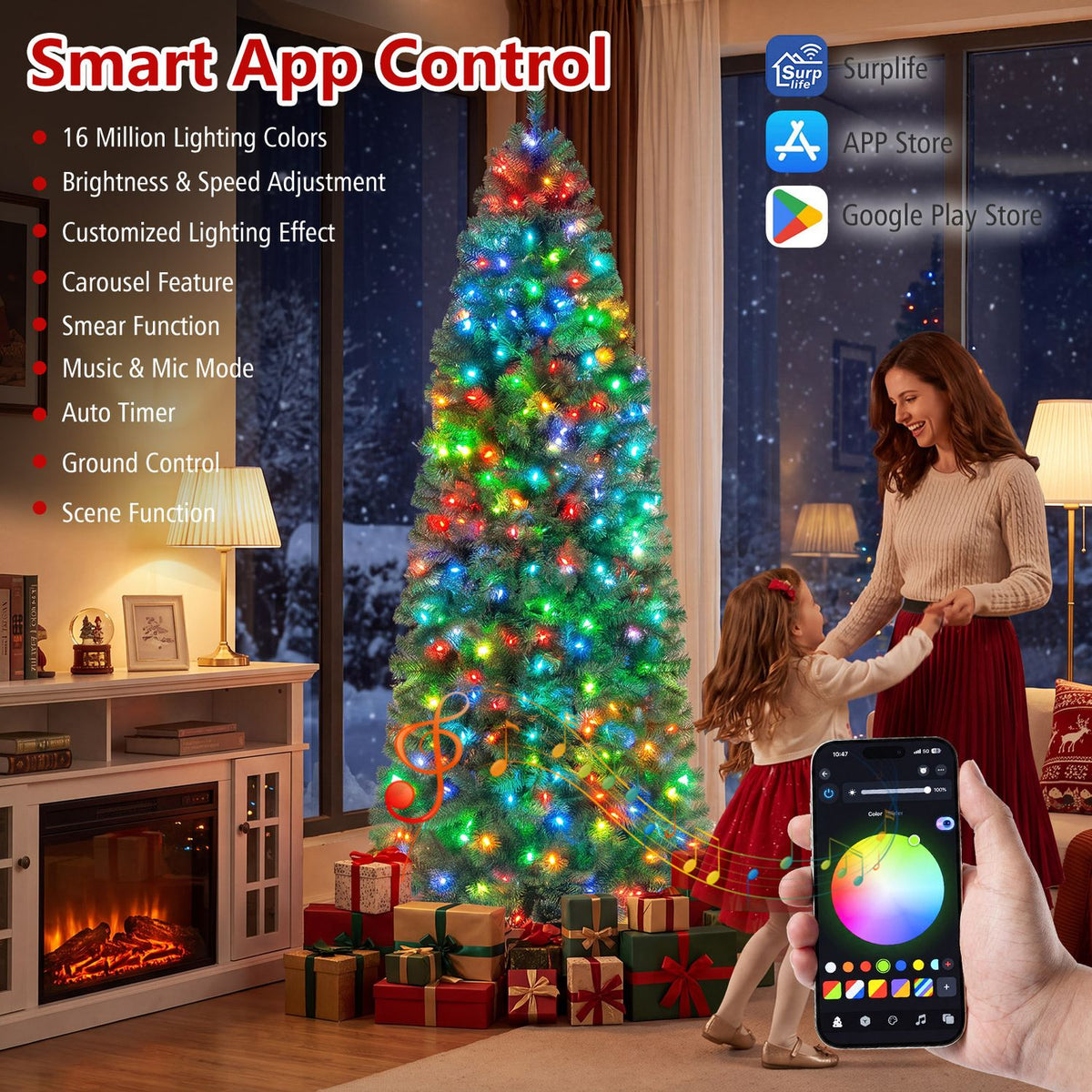 6.3 FT Smart Pencil Christmas Tree with Pre-Lit RGB LED Lights