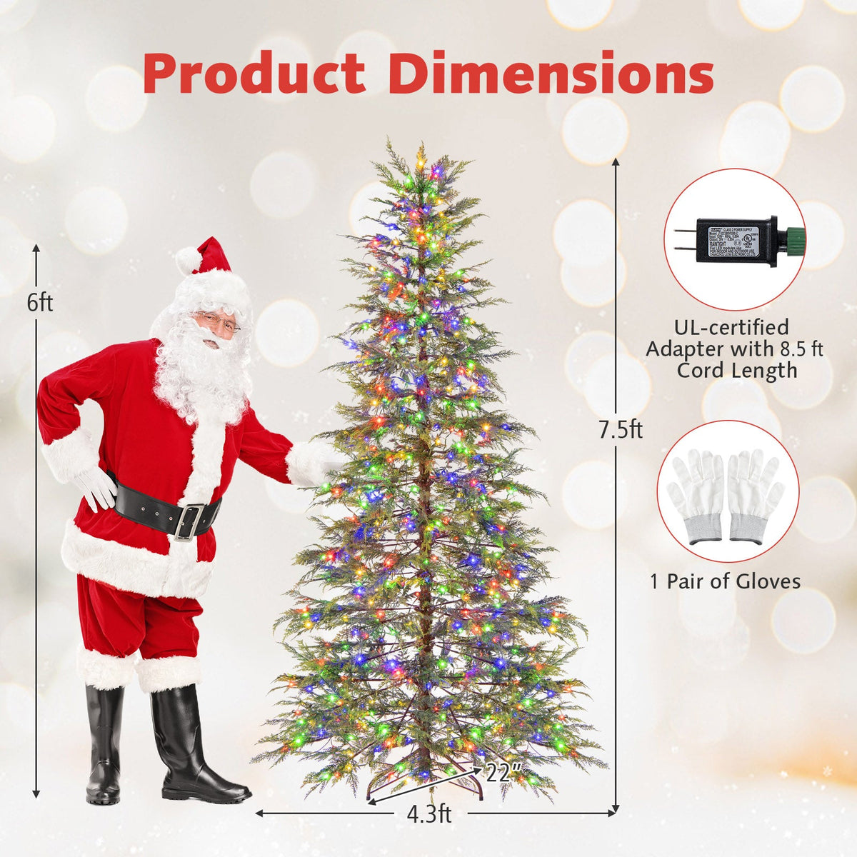 7.5 Feet Artificial Christmas Tree with Branch Tips and Colorful LED Lights