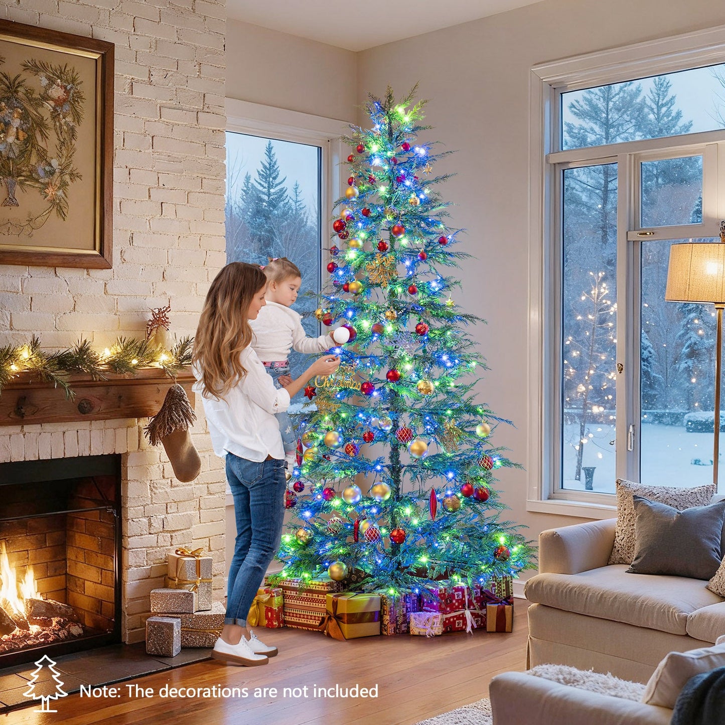 7.5 Feet Artificial Christmas Tree with Branch Tips and Colorful LED Lights