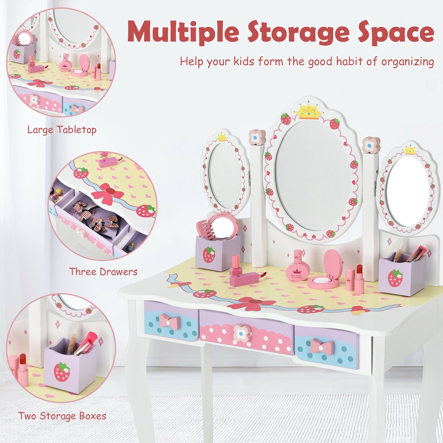 Kids Vanity Table Set with Tri-Fold Mirror and Chair