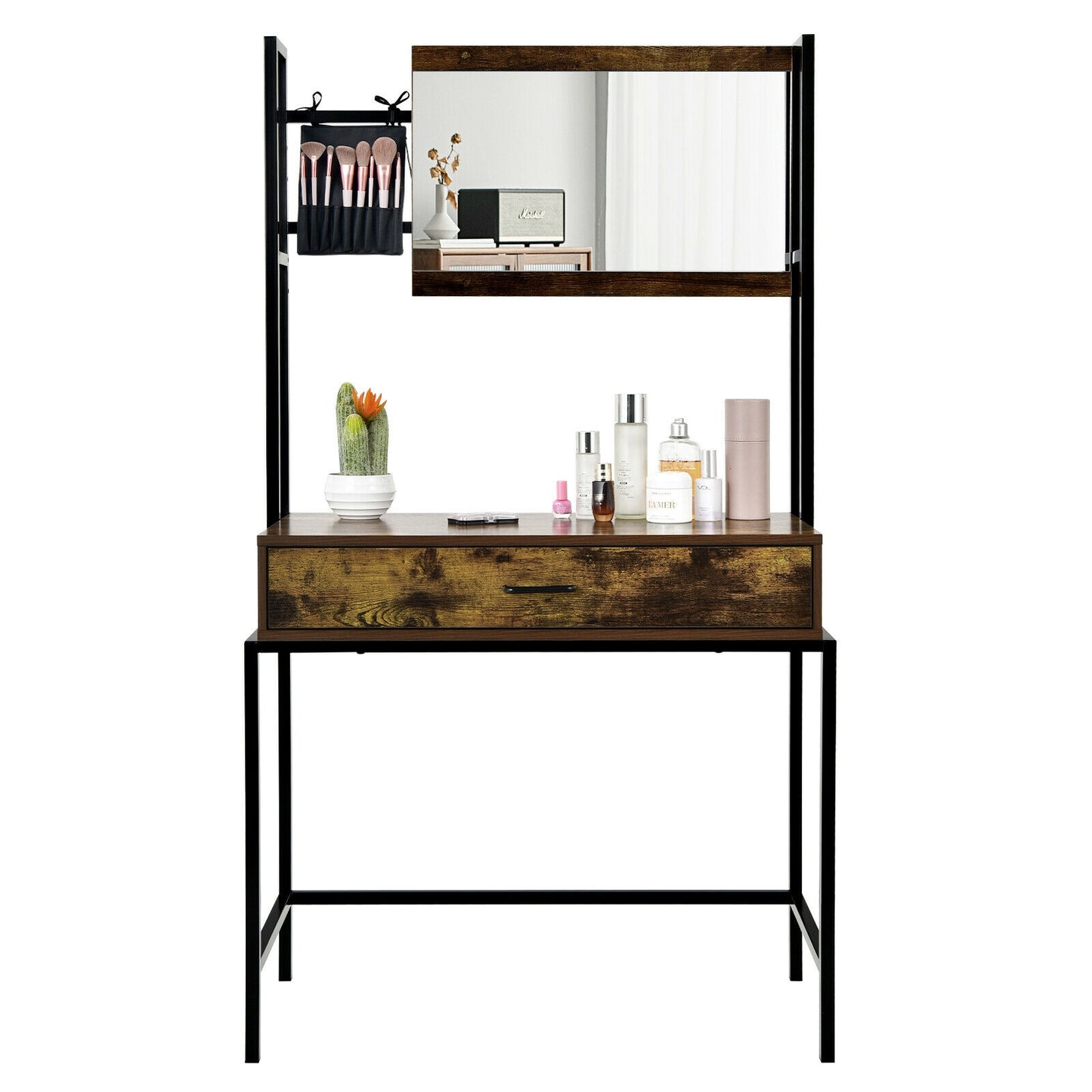 Industrial Vanity Table with 3-Height Adjustable Mirror