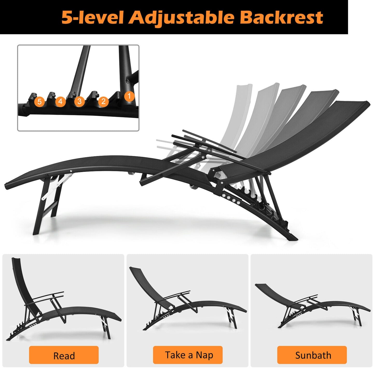 Folding Stackable Chaise Lounge Chairs Set of 2 with Armrests