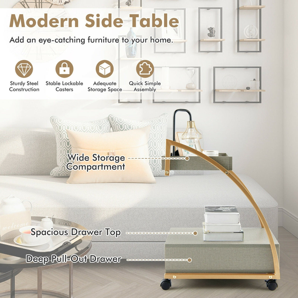 Modern 2-Tier Rolling End Table with Tray Top and Pull-Out Drawer-Gray