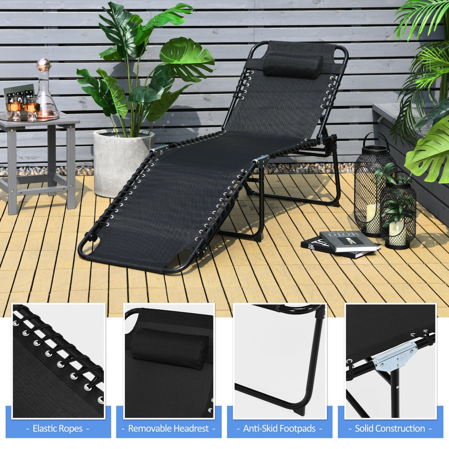 Adjustable Folding Lounge Chair with Footrest - 265 lb Capacity