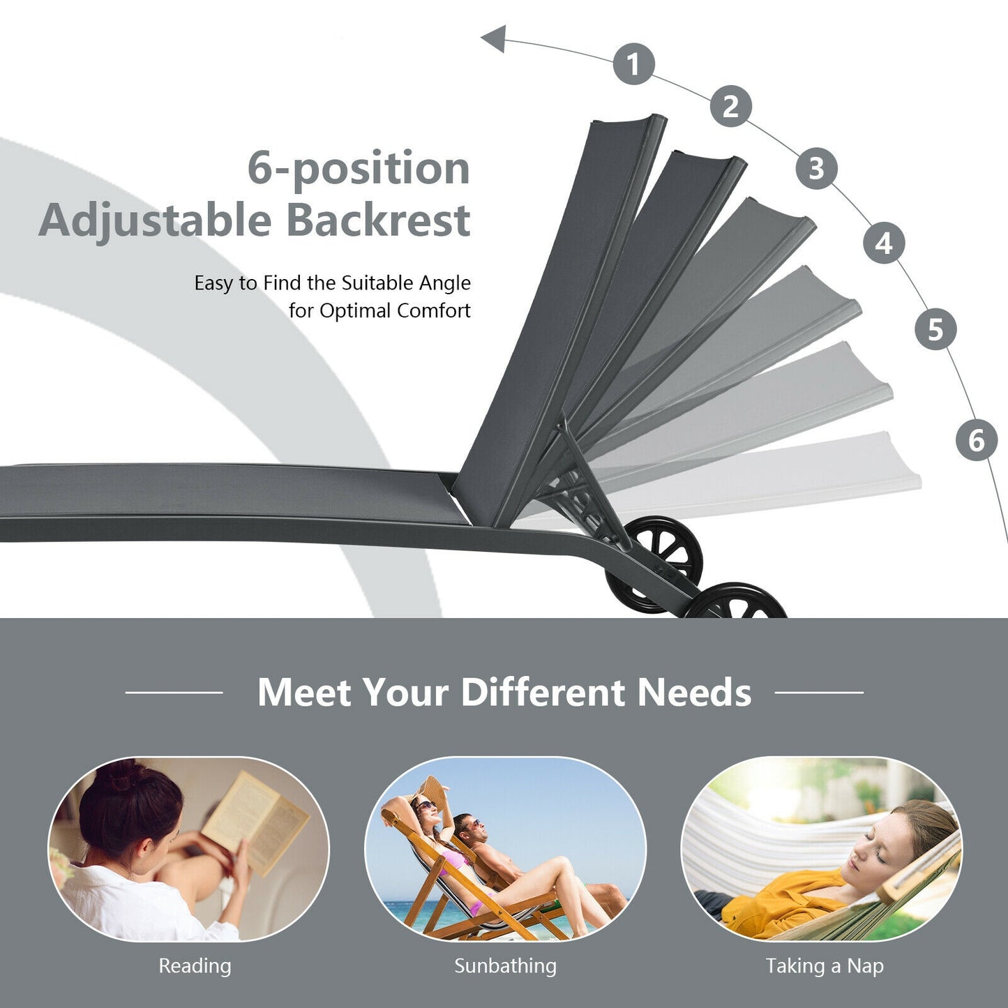 Adjustable Outdoor Chaise Lounge with Wheels - 6 Positions