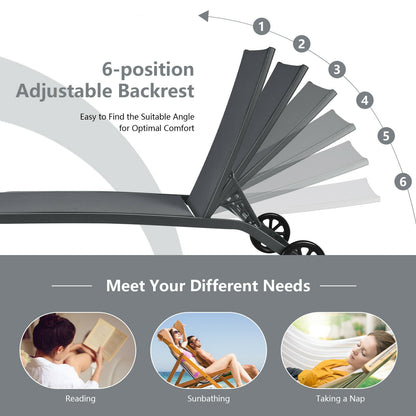 Adjustable Outdoor Chaise Lounge with Wheels - 6 Positions