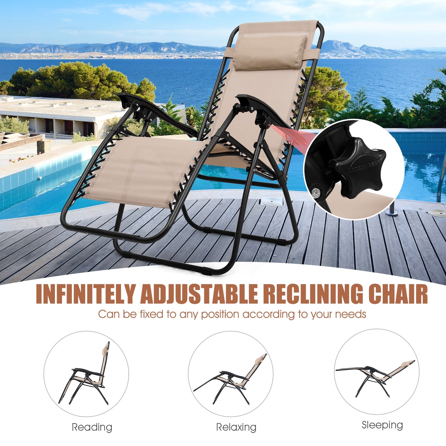 Zero Gravity Reclining Lounge Chairs with Table Set (3-Piece)