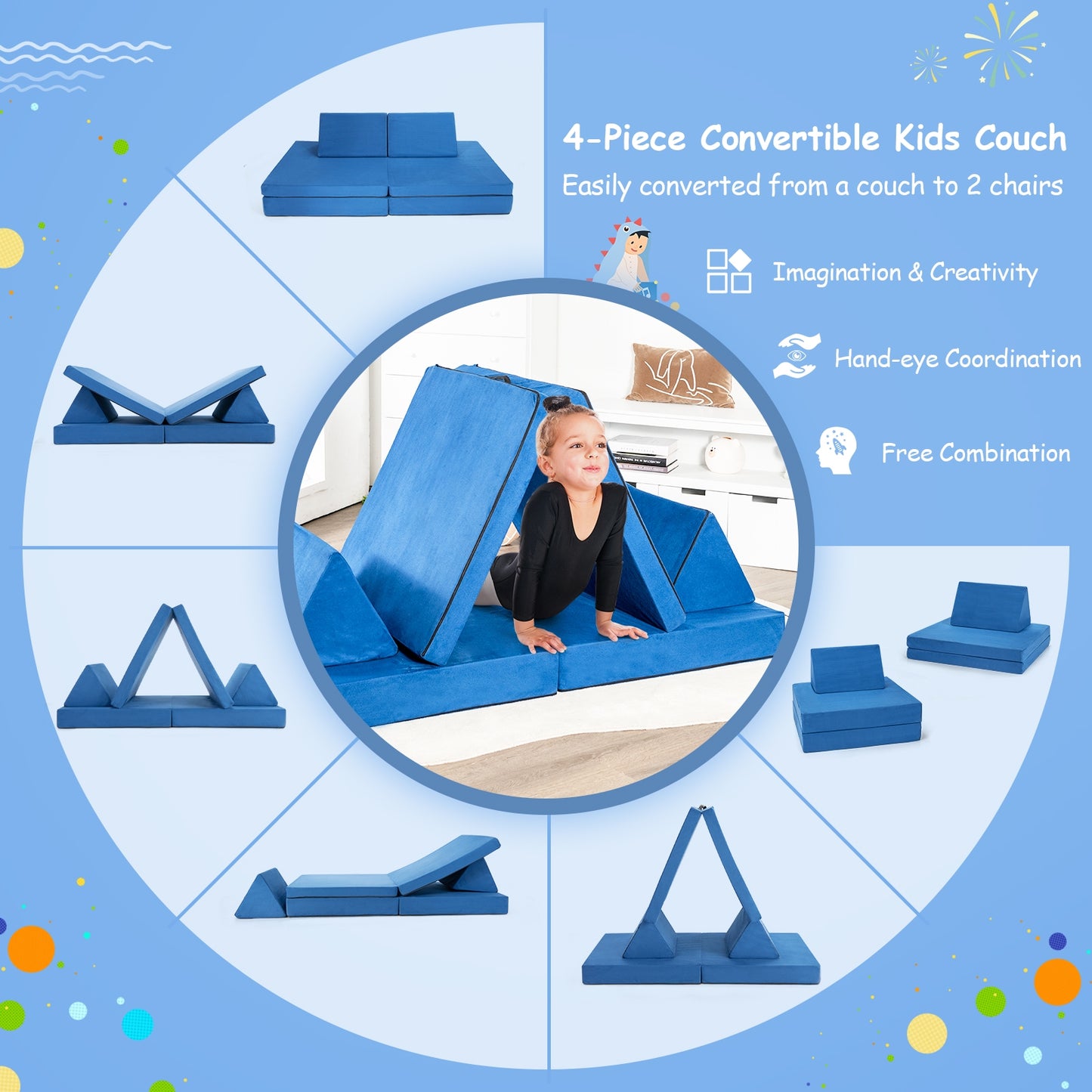 Convertible Kids Couch Set 4-Piece with Folding Mats