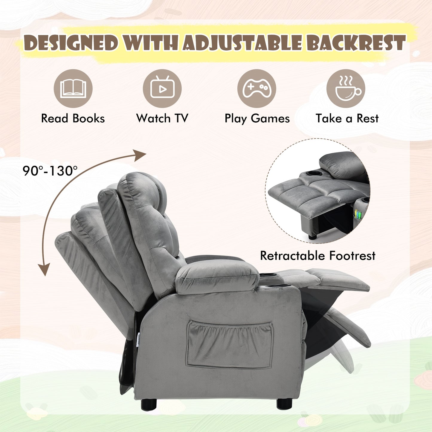 Kids Recliner Chair with Cup Holder and Footrest