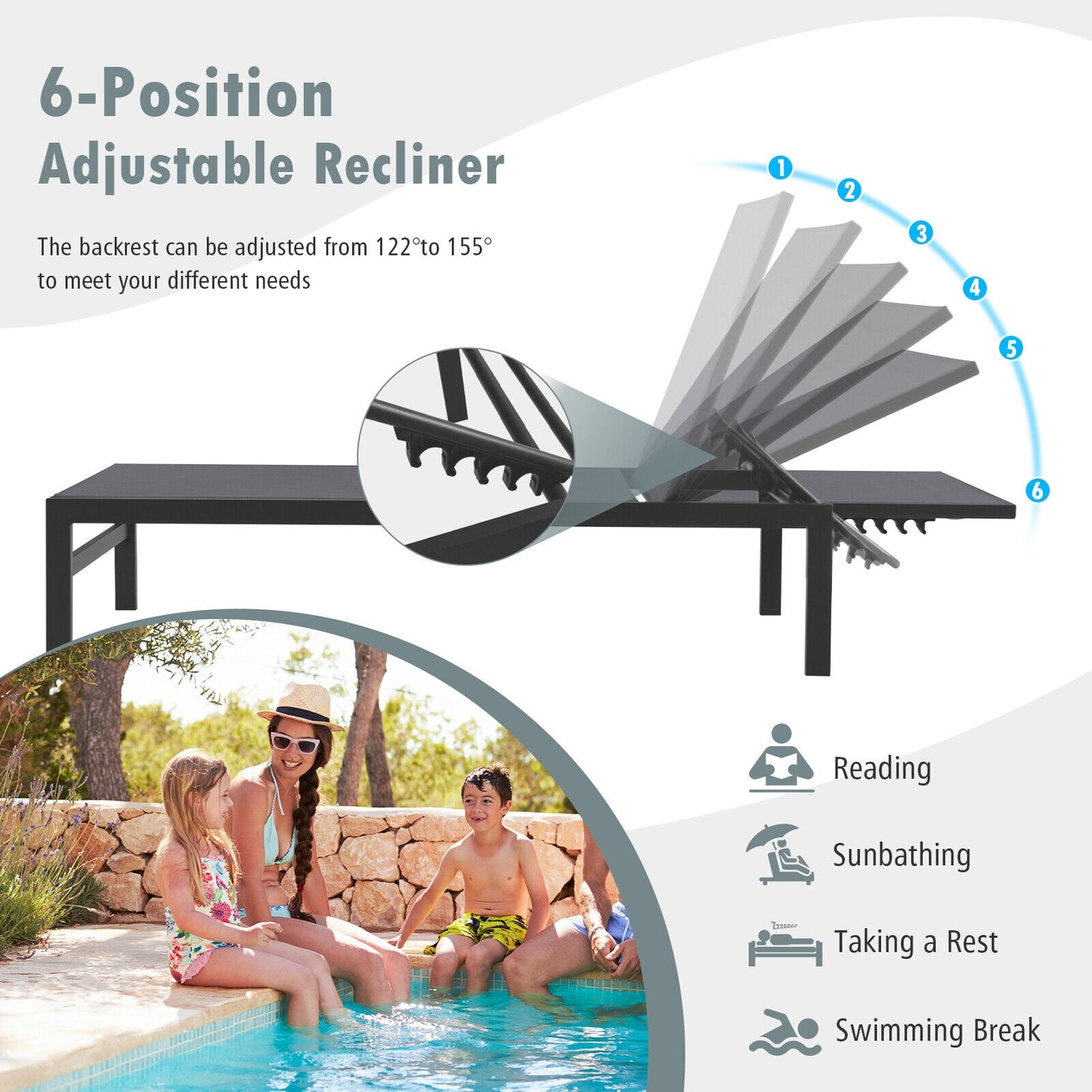 6-Position Adjustable Chaise Lounge Chair with Aluminum Frame