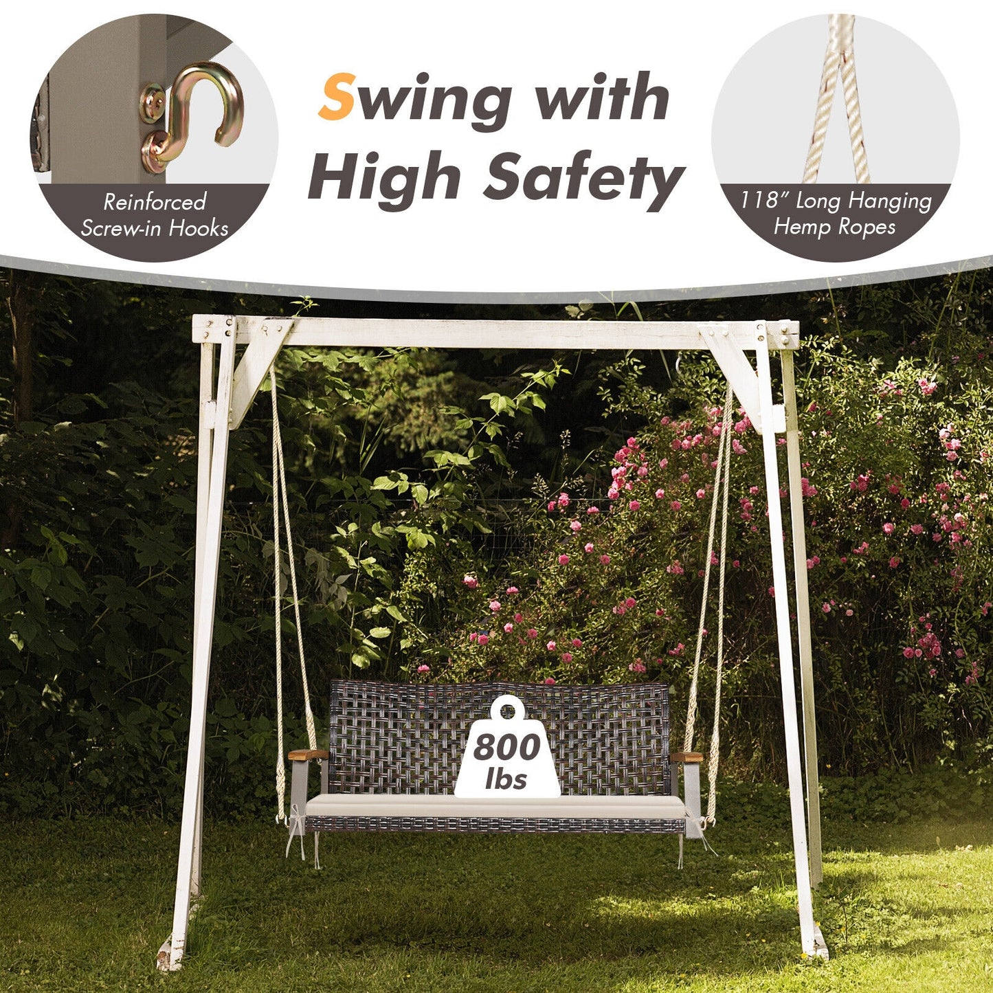 2-Person Rattan Porch Swing Chair with Cushion