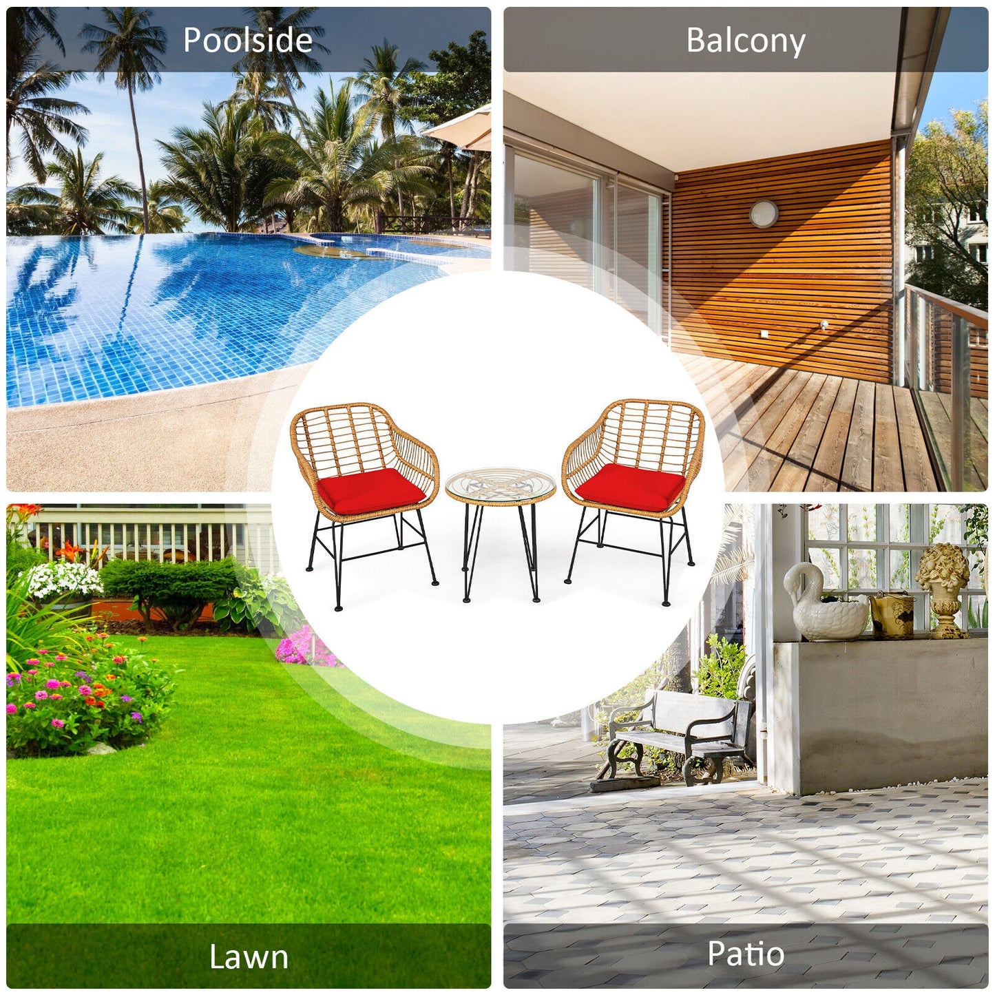3-Piece Rattan Patio Conversation Set with Cushioned Chairs
