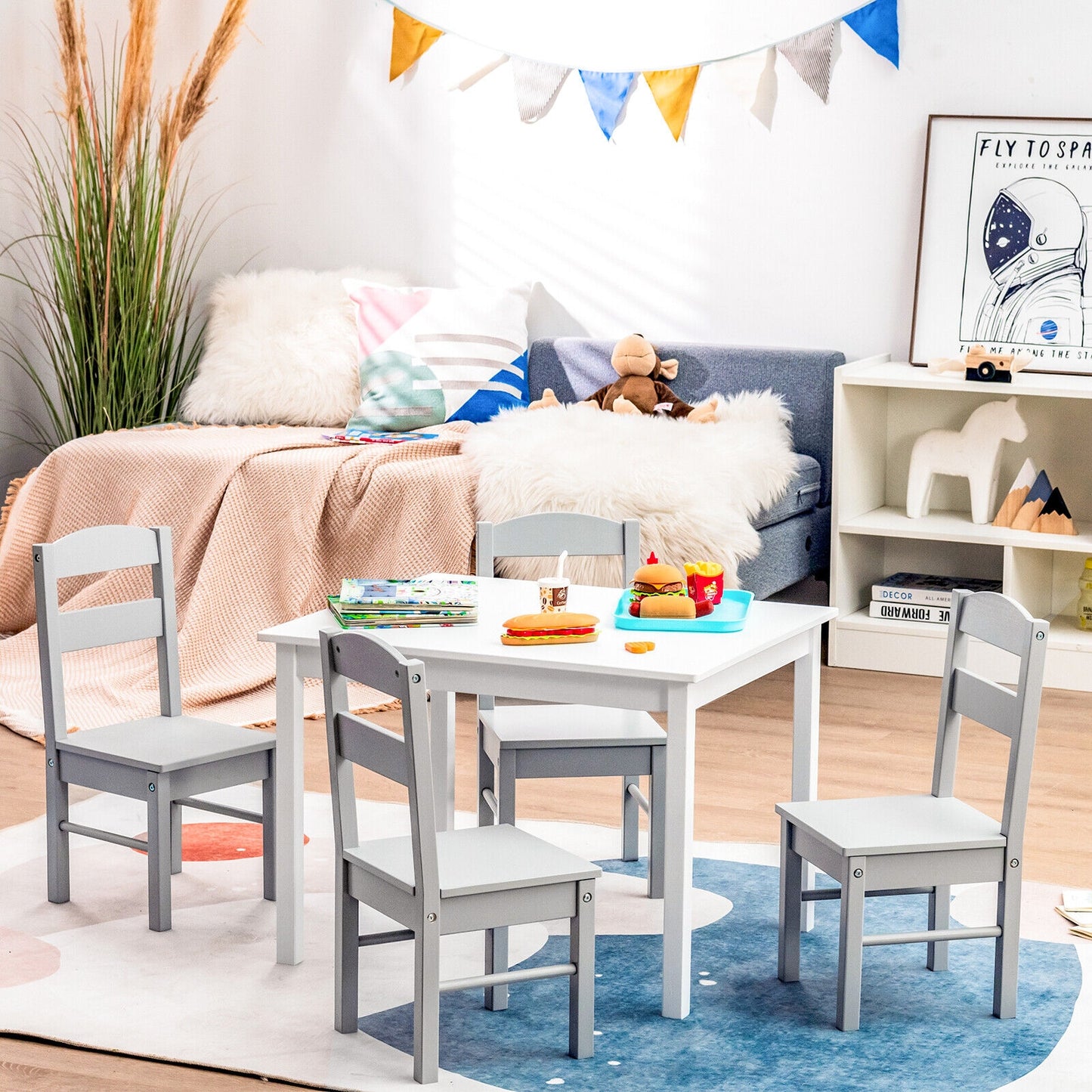 Kids Table and Chair Set - 5 Piece Pine Wood