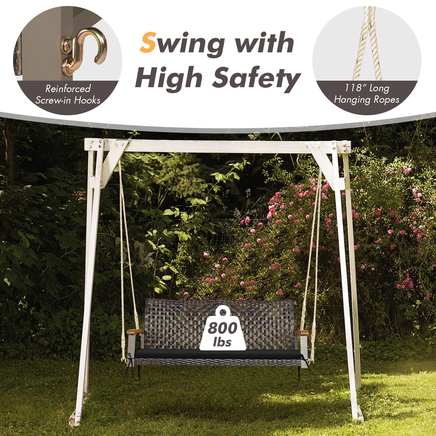 2-Person Rattan Porch Swing Chair with Cushion