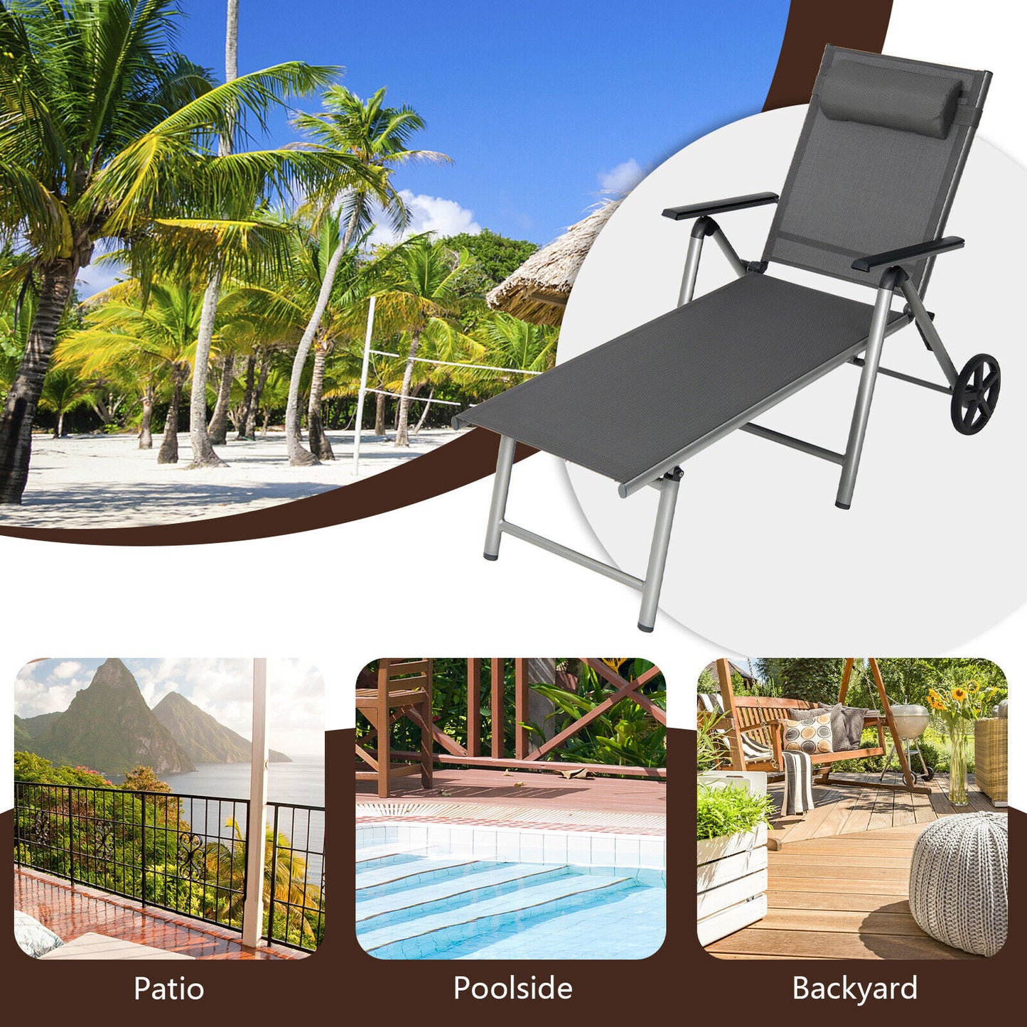 Adjustable Folding Chaise Lounge Chair with Wheels