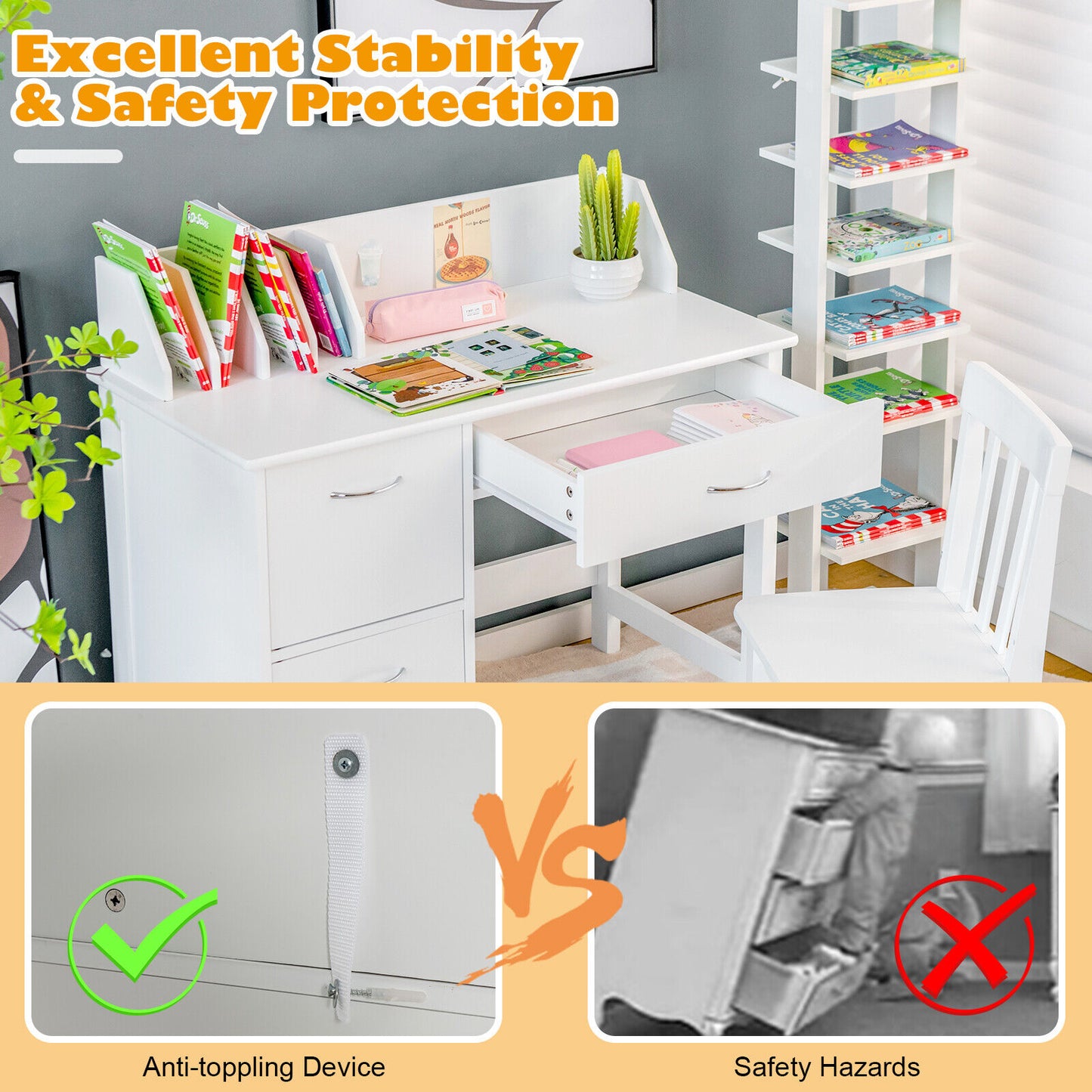 Kids Writing Desk and Chair Set with Storage Drawer