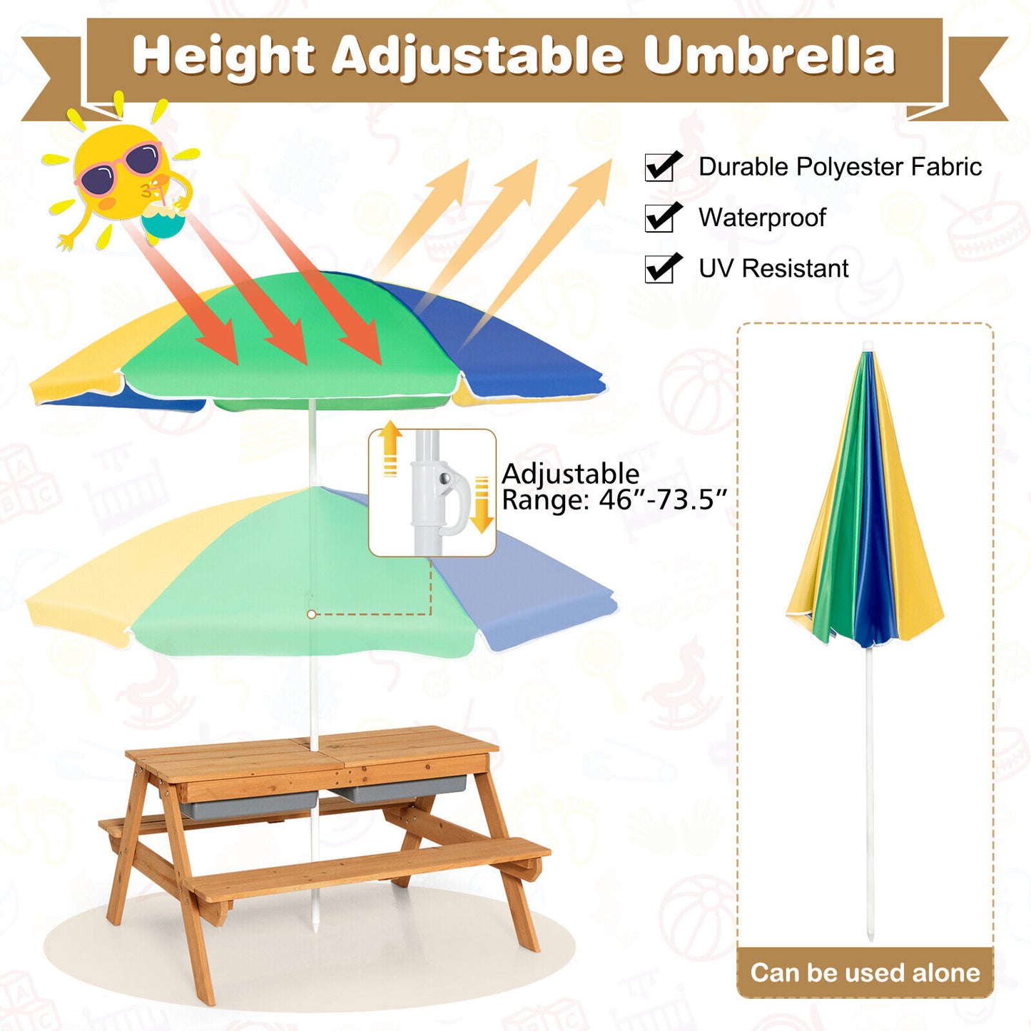 Kids Outdoor Picnic Table with Umbrella and Sand Water Play