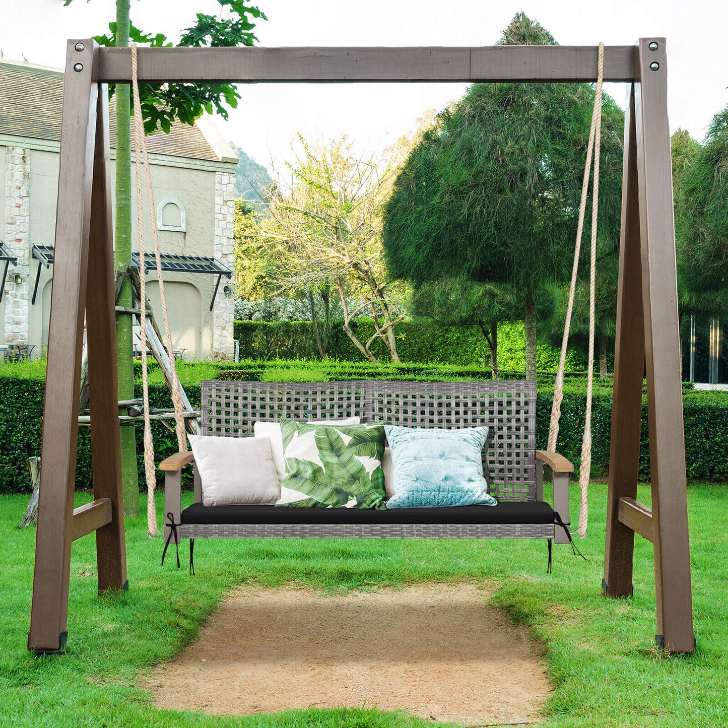 2-Person Wicker Porch Swing Chair with Cushion